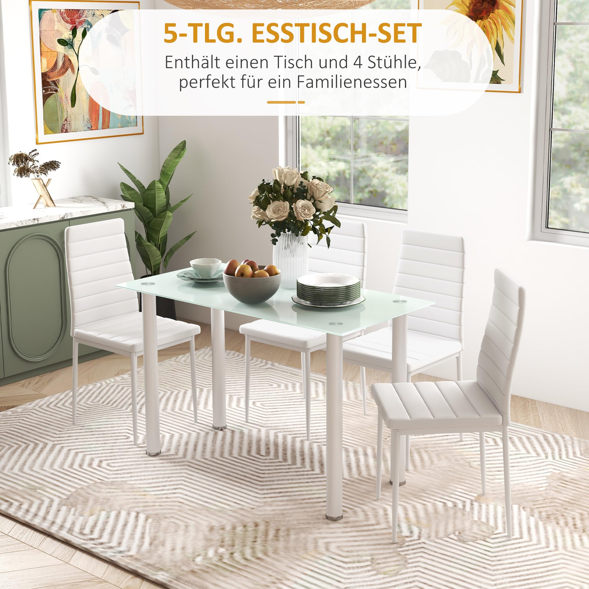 HOMCOM Essgruppe Esstisch mit 4 Stühlen Platzsparend für Küche Weiß