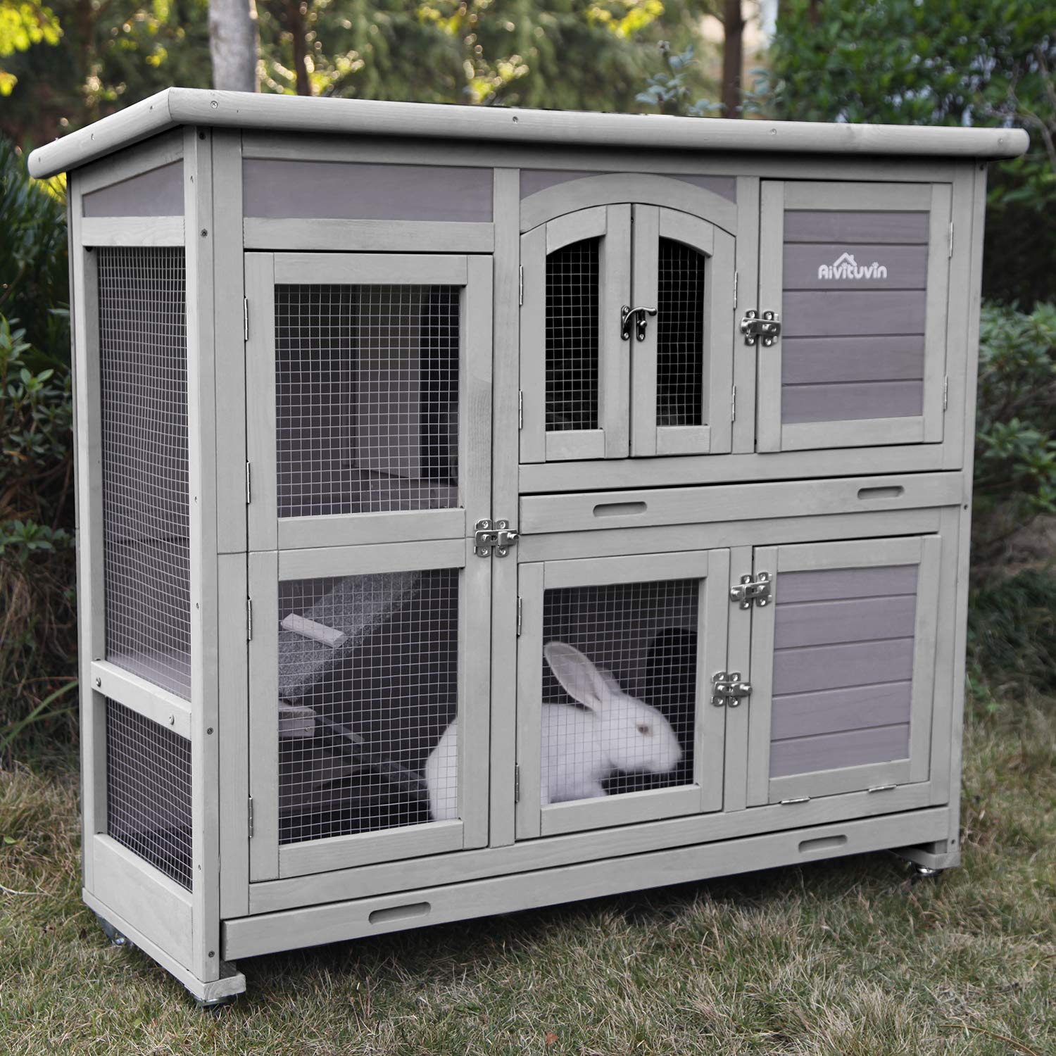 Aivituvin 47" Two Story Rabbit Hutch Bunny Cage with Wheels, Indoor
