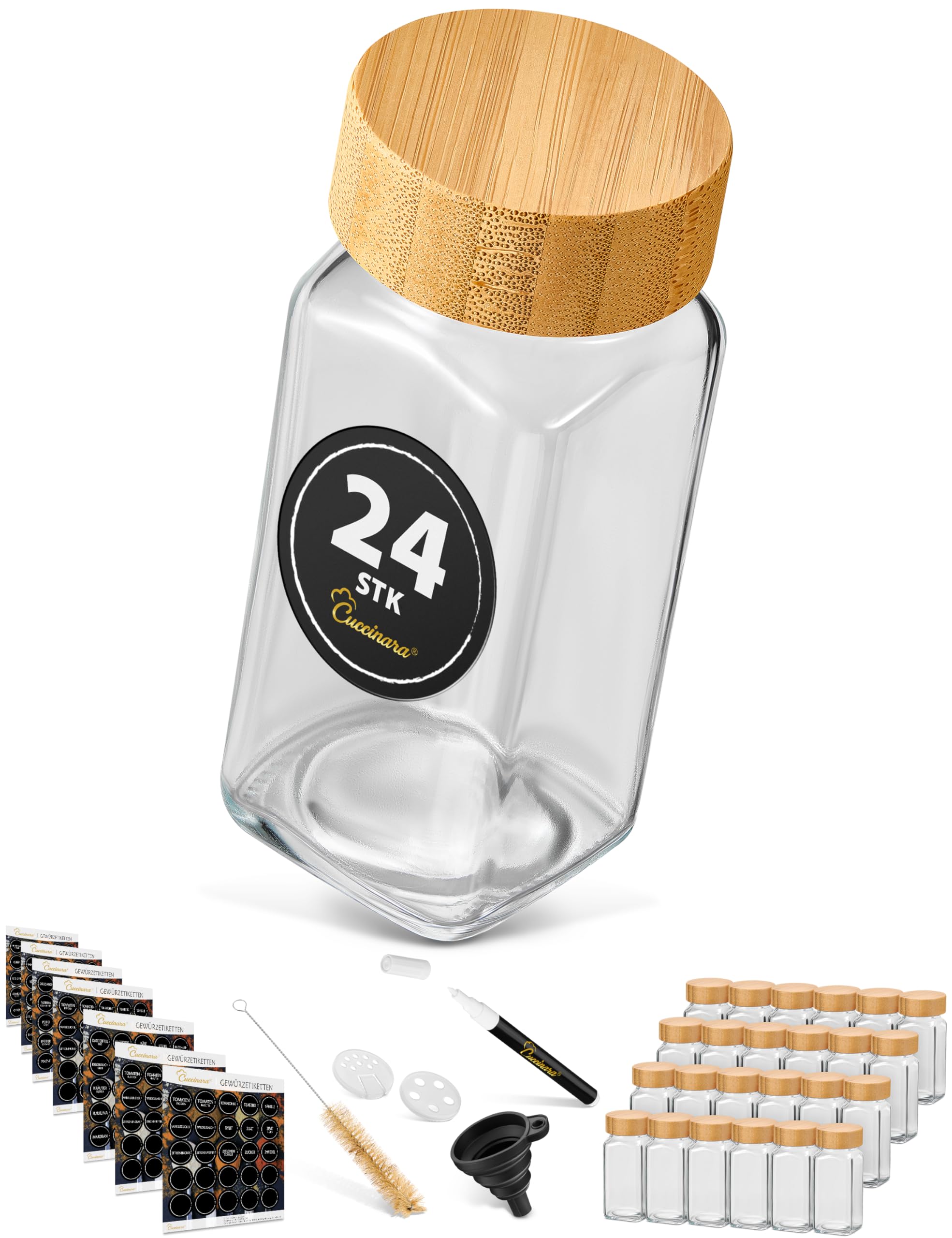 24 tarros de especias rectangulares de 120 ml con 210 etiquetas, tapa de bambú e insertos para esparcir (grueso y fino), herméticos, incluye embudo, marcador permanente y cepillo, apto para