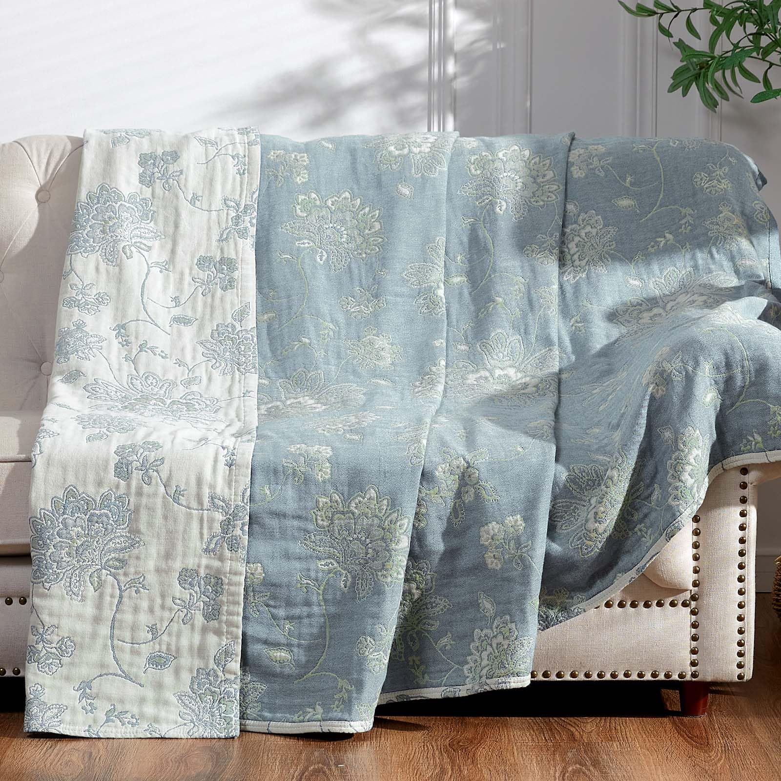 Photo 1 of jinchan Boho 100% Cotton Muslin Twin Size 50x60 Inches Blanket Lightweight 4-Layer Quilted Soft Blue and White Floral Throw Blanket Green Accents Reversible Comfy Flower Breathable Summer Couch