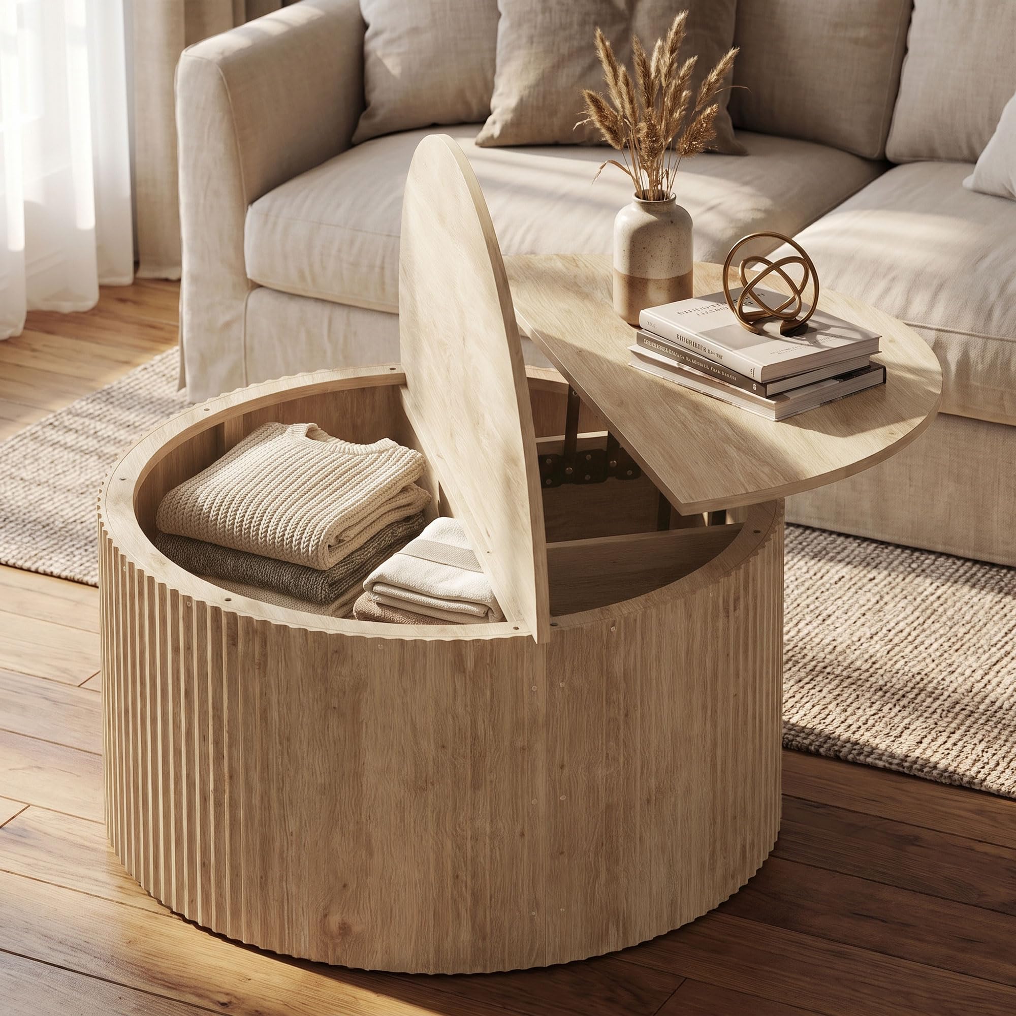 HOMCOM Mesa Centro elevable 32" Acanalada Comp. Ocultos Madera Natural | Mesa de centro redonda moderna, tapa abatible con cierre suave, para sala de estar