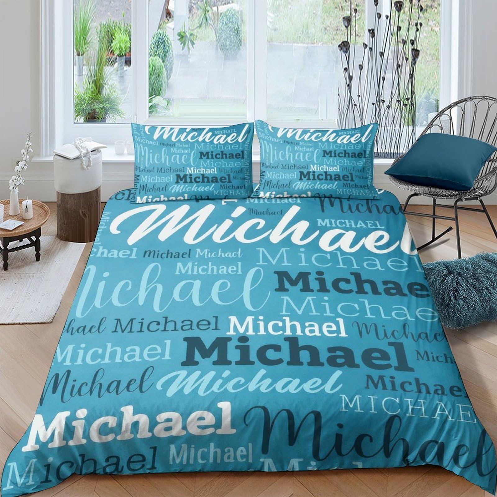 Ctjqhvkz Style-7 3D Printed Blue Name Typography Fitted Sheet Microfiber Soft Breathable Letter Pattern Mattress Cover Bedroom Home Decor Single（135X200cm）