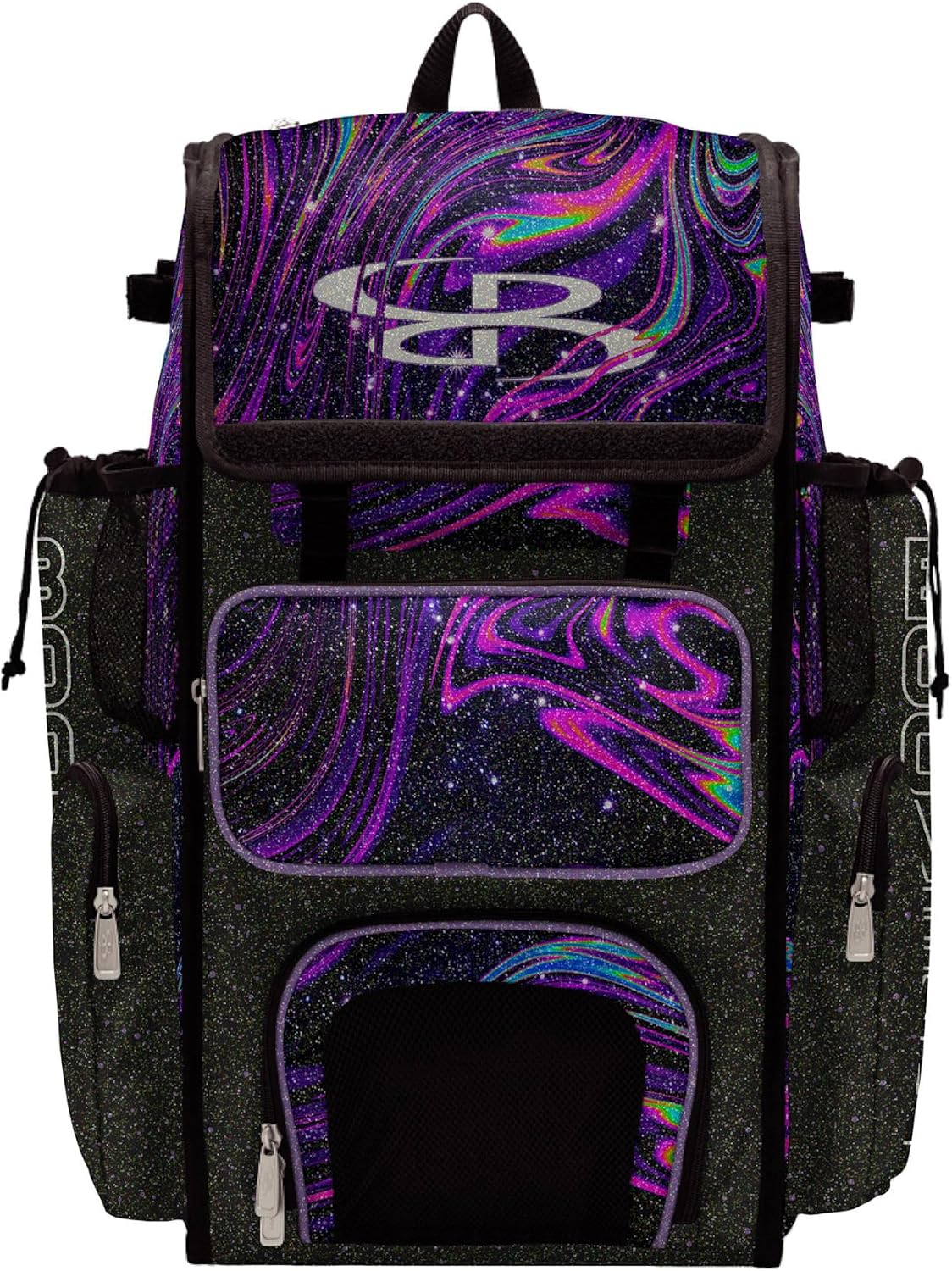 Boombah Superpack Bat Bag - Backpack Version (no wheels) - Holds 4 Bats - Glitter Supernova Black/Amethyst Orchid/White