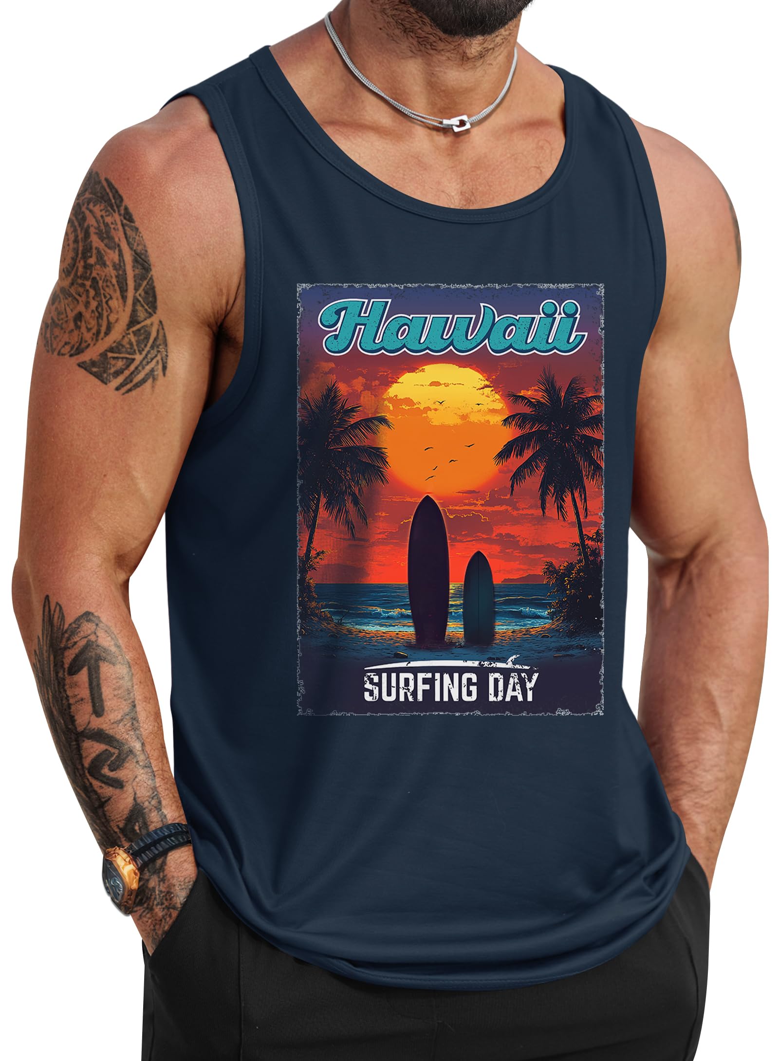 VOGSTART Mens Beach Tank Tops Summer Vacation Graphic Sleeveless Shirts