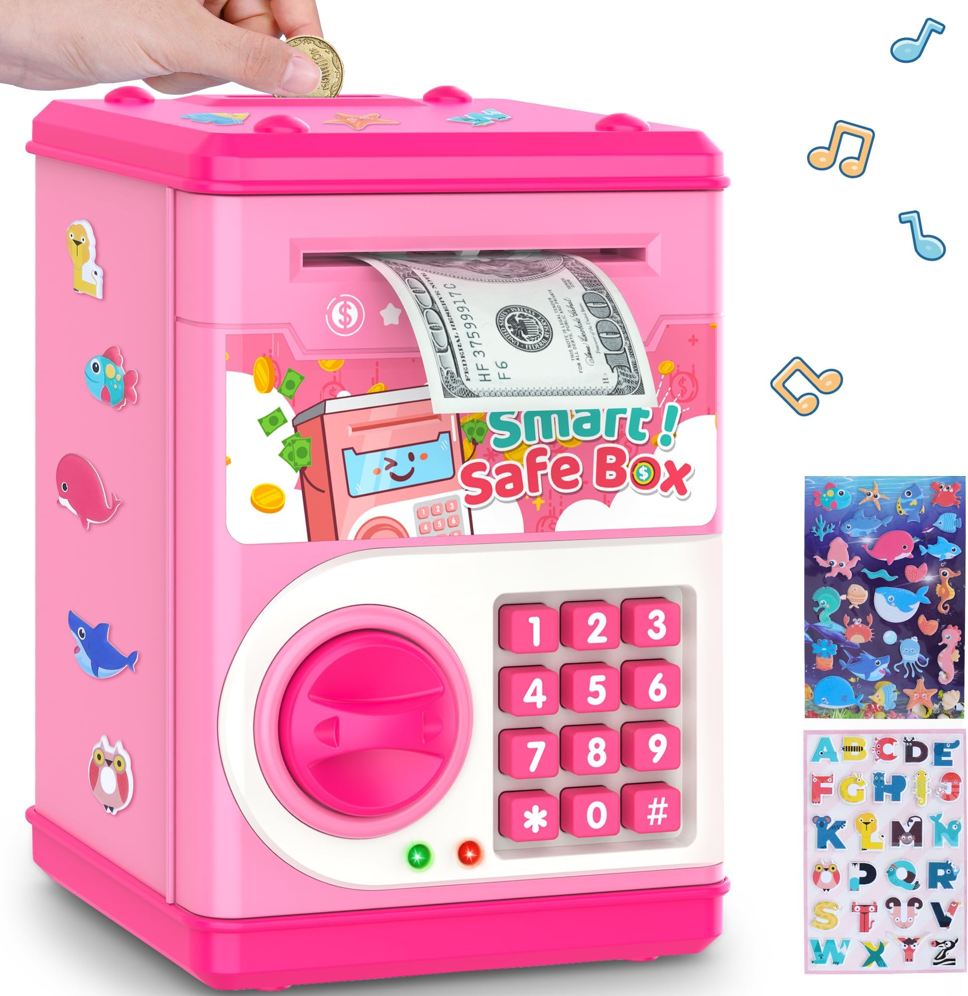 LJZJ Pink Piggy Bank for Kids with Password Code Lock and Auto Grab Bill Slot, PhilaeEC Real Money Cash Coin Can Saving Box Electronic Money Safe Bank, Hot Gift for 4 7 8 9 10 11 Year Old Boys Girls