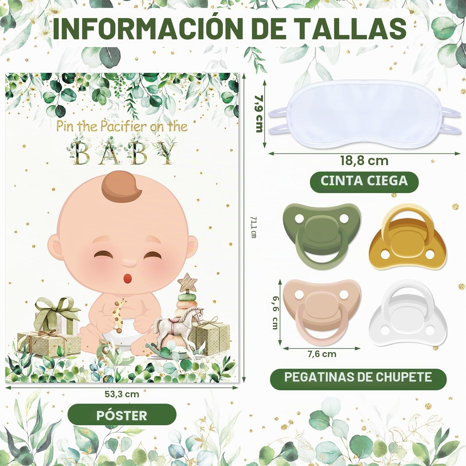Sinmoe Juegos de Fiesta Pin the Pacifier on the Baby Decoración de Baby Shower de Verde Salvia Set de Carteles Ponle el Chupete al Bebé con 24 Pegatinas de Chupete Venda de Ojos para Cumpleaños Niños
