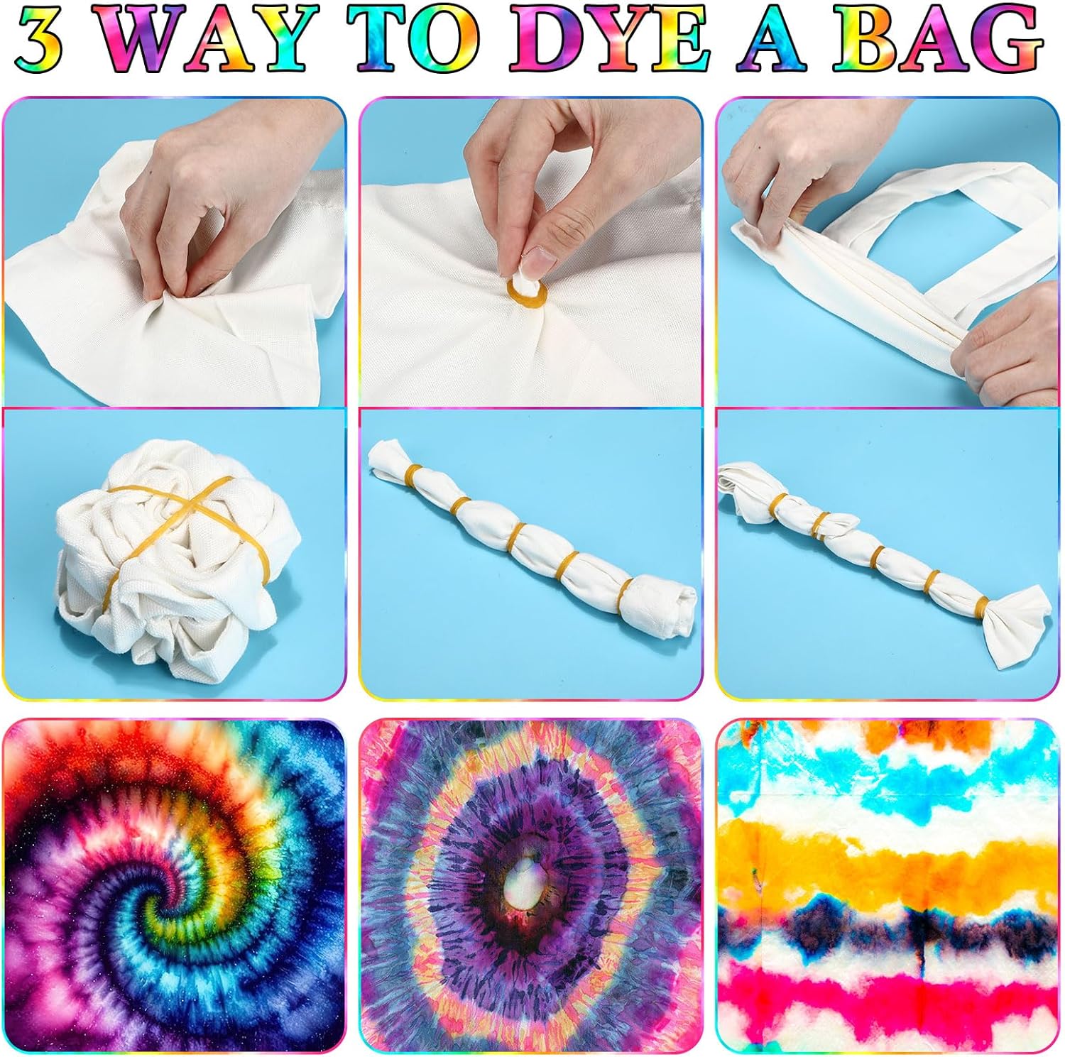Tie Dye Kit Includes 12 Blank Tote Bags, 12 Colors Concentrates Pre-Filled Bottles, 20 ft Cotton Strings & 20 Rubber Bands for DIY Tie Dye Party Groups Supplies