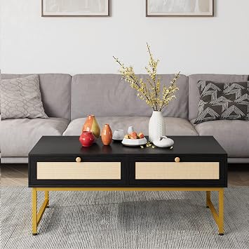 46" Rattan Coffee Table with Metal Frame, Center Rectangular Tables with 2 Drawers, Wooden Small Media Table for Home Living Room, Black