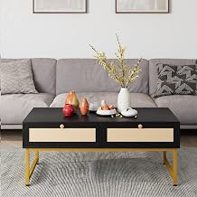 46" Rattan Coffee Table with Metal Frame, Center Rectangular Tables with 2 Drawers, Wooden Small Media Table for Home Living Room, Black