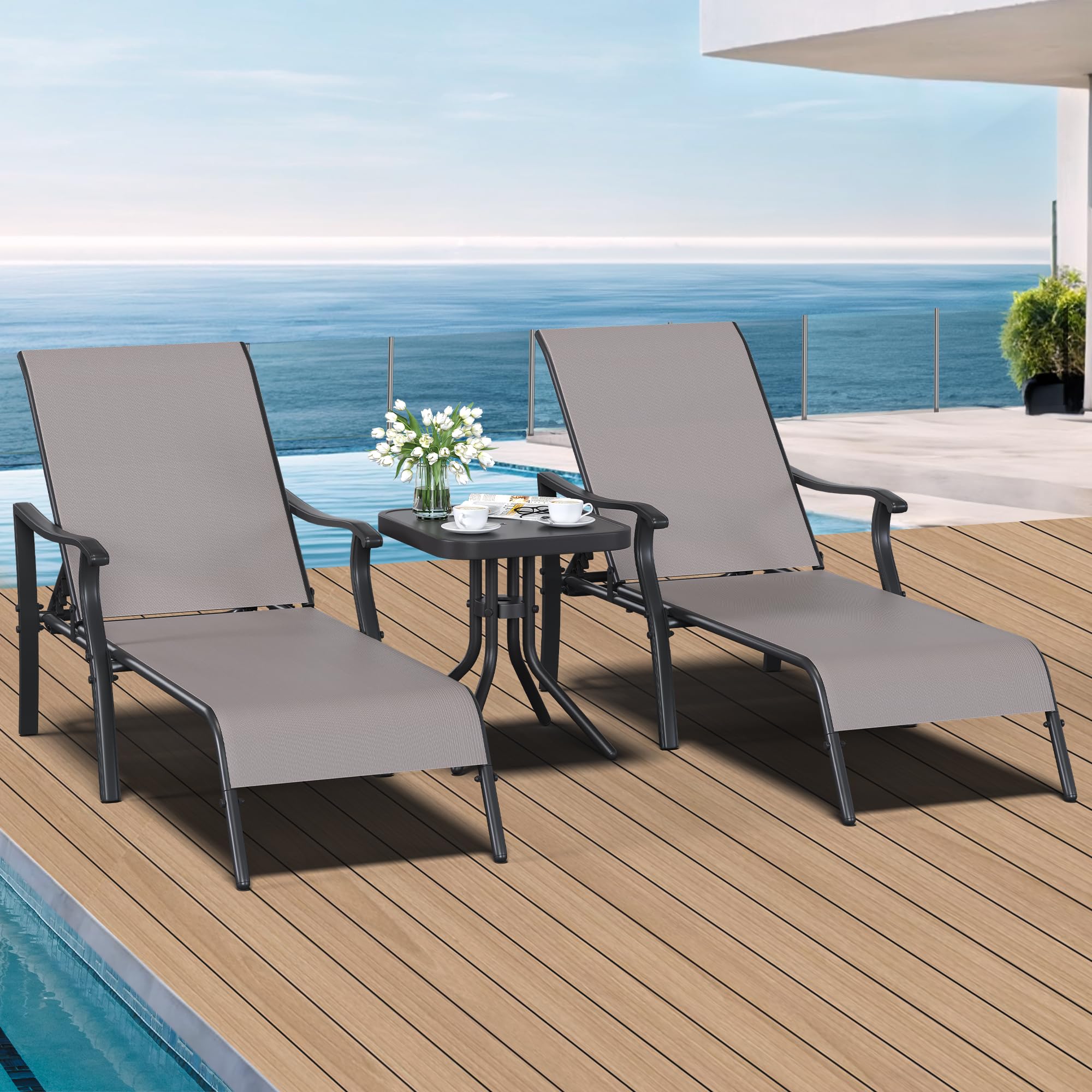 YITAHOME 3PC Tumbonas Jardin Exterior, Tumbonas Piscina con Mesa Auxiliar, Tumbonas para Jardín 197x66x95cm Impermeable y Resistente a la Intemperie para Jardín/Patio/Playa con Capacidad 150KG (Gris)