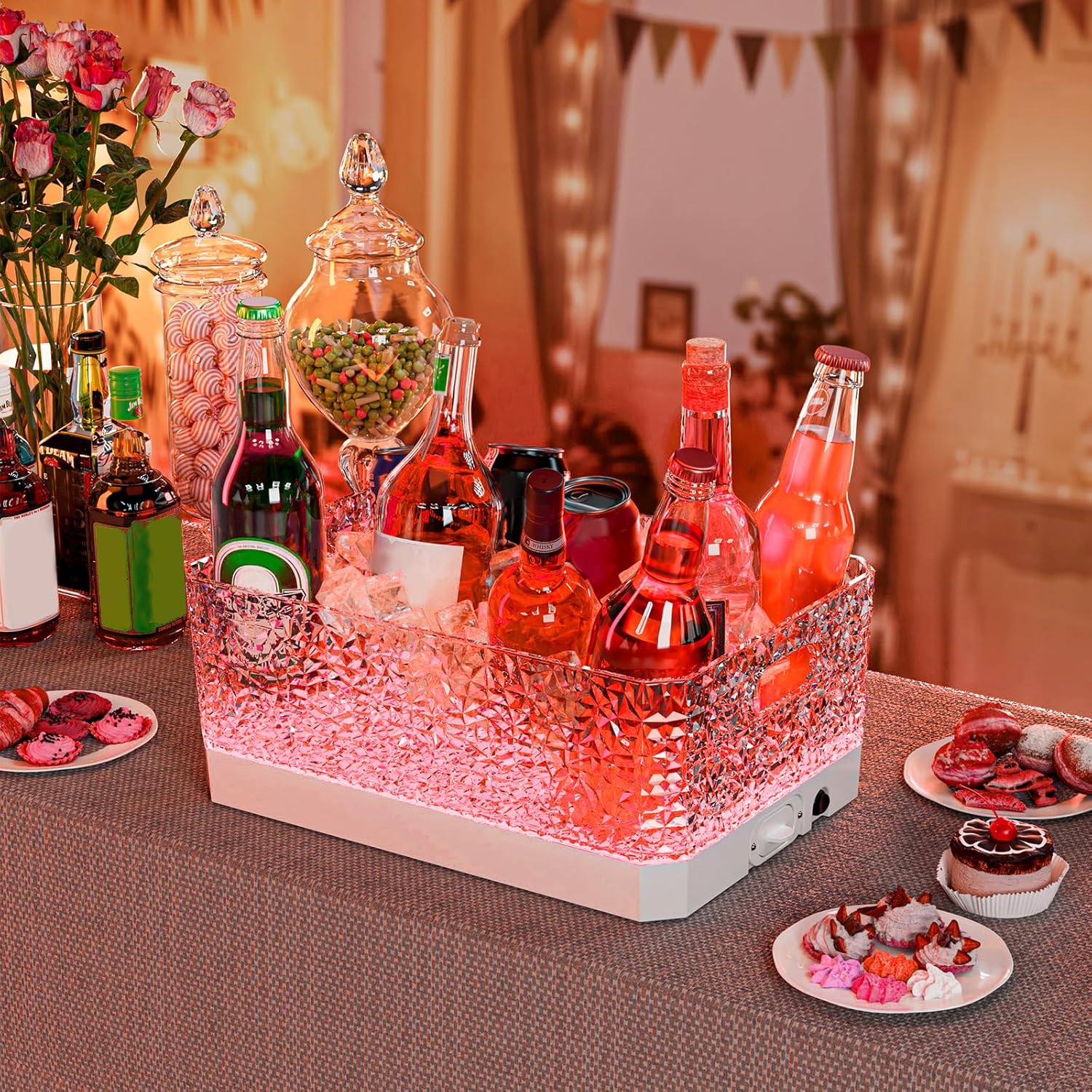 Plastic Ice Bucket Beverage Tubs for Parties, 15Liter / 4 Gallon Large Clear Drink Tub for Champagne Beer Drink Wine Cocktails, 7 Colors LED Light Up with Remote, Leakproof