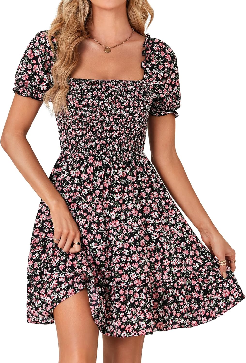 Rooscier Women's Summer Boho Floral Print Square Neck Smocked Ruffle Swing Beach Mini Dress