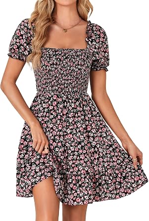 Rooscier Womens Summer Boho Floral Print Square Neck Smocked Ruffle Casual Sundress Mini Dress
