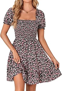 Women's Summer Boho Floral Print Square Neck Smocked Ruffle Swing Beach Mini Dress