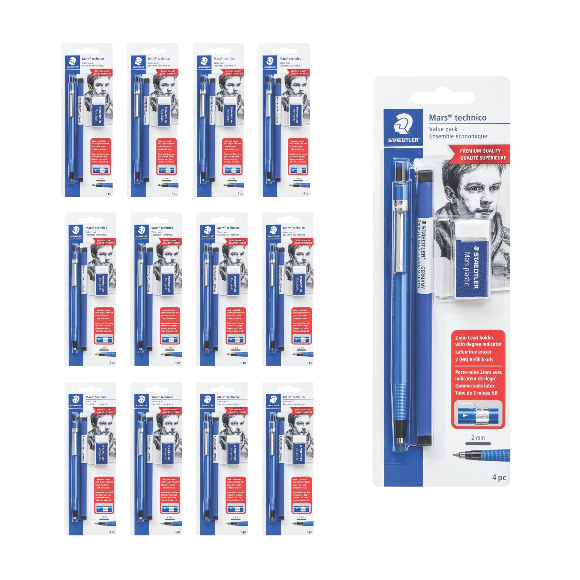 STAEDTLER Mars Technisches Druckbleistift-Set, Blau, 12 Stück | 1 Bleistift - 2 mm, 1 Radiergummi, 2 ea 2H Minen 4 Stück