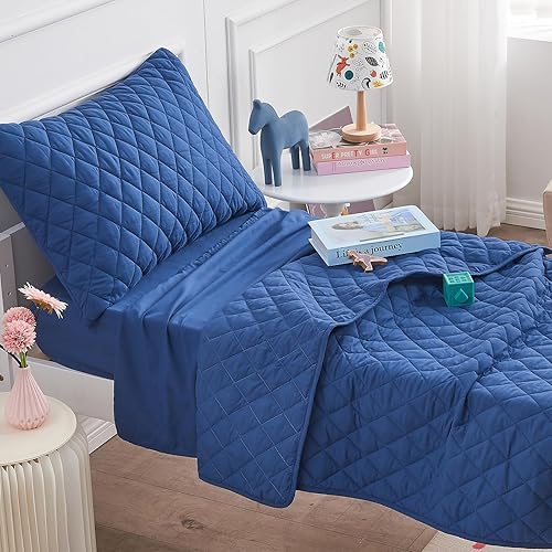 Wowelife Juego de ropa de cama para niños pequeños, 4 piezas, color azul, juego de ropa de cama para niños y niñas, juego de edredón suave y ligero