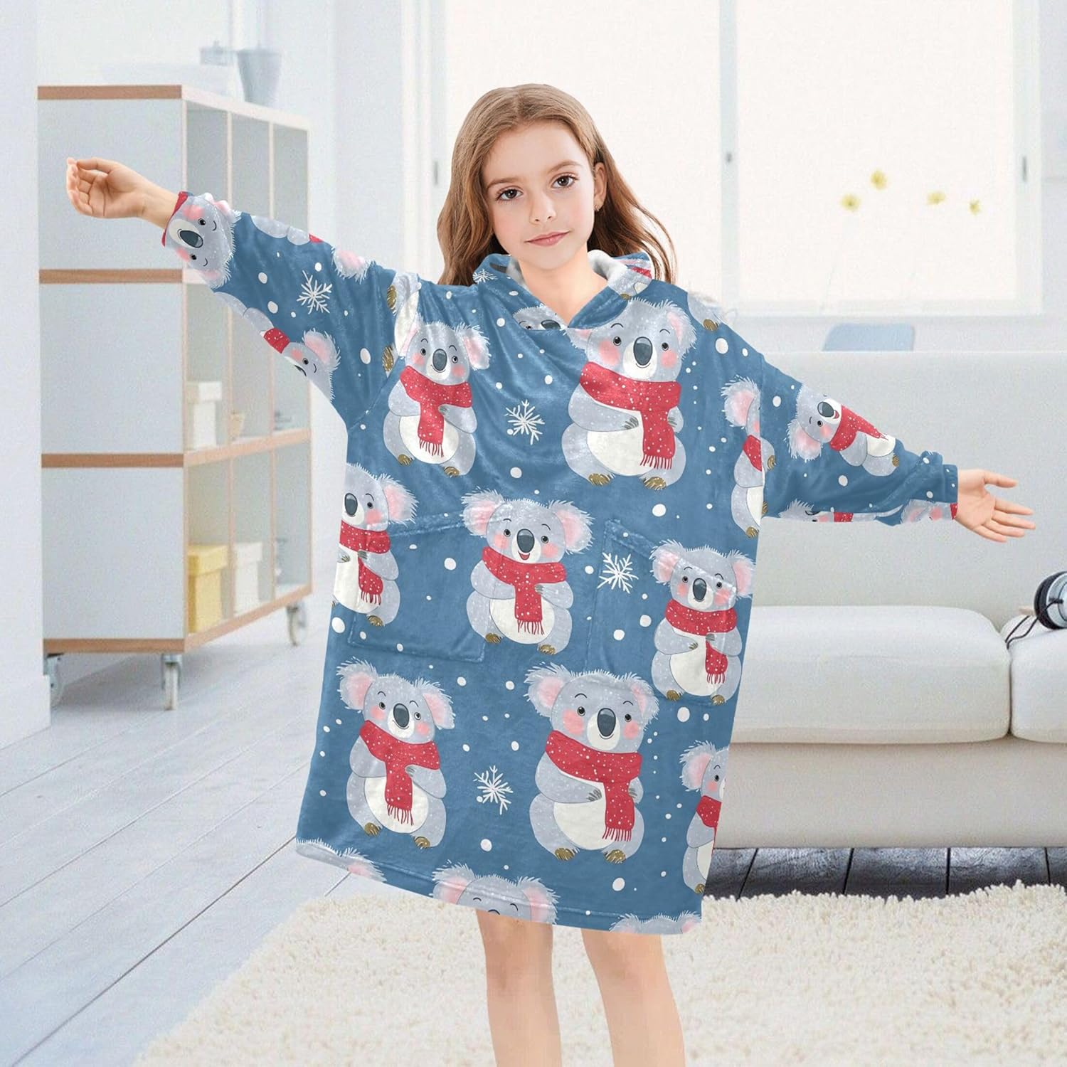 Cute Koala Christmas Red Scarf Kids Wearable Blanket Hoodie and Sleeves for Toddlers, Cute Hoodies Girls B0404156