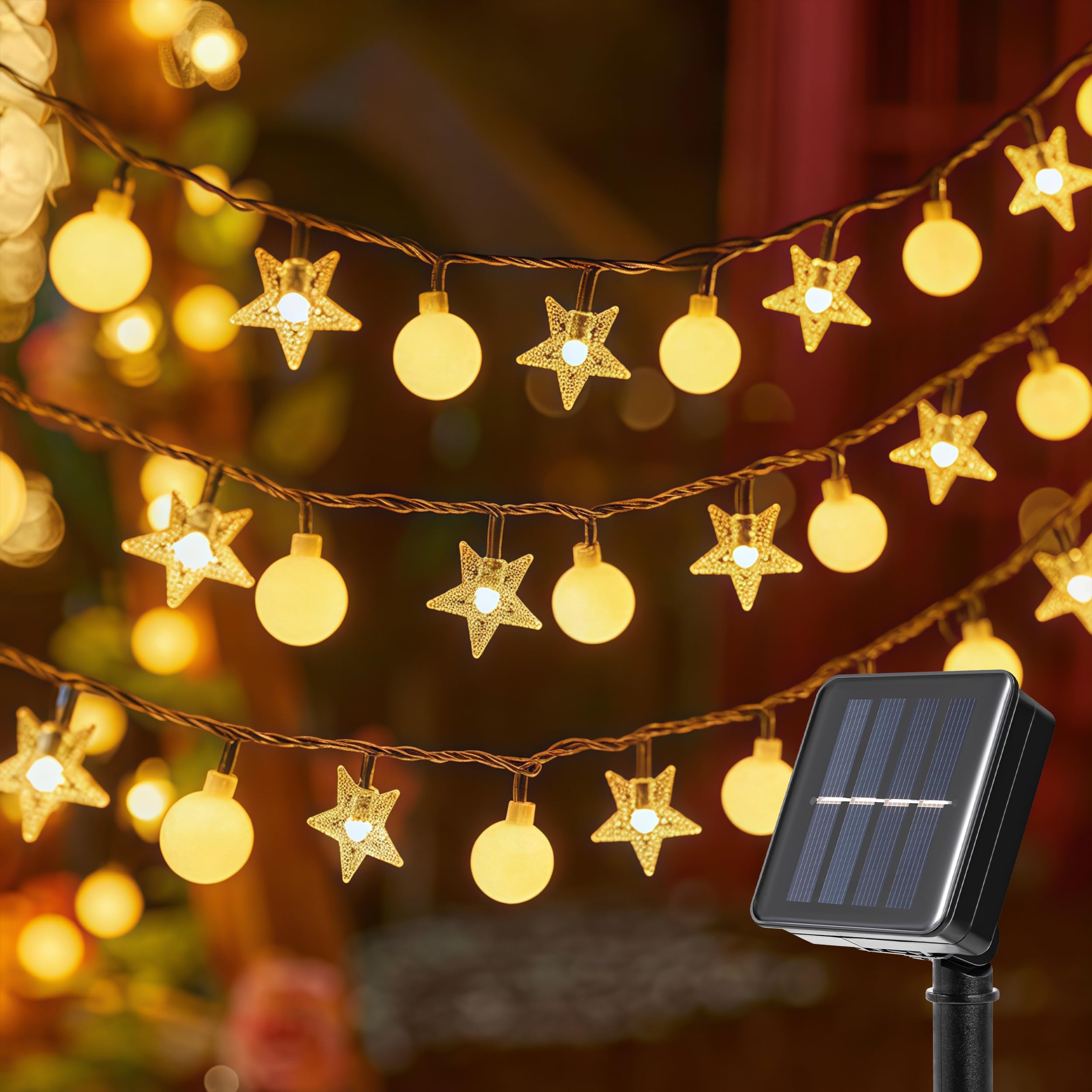 Guirnaldas Luces Exterior Solar 7m 50LED Luces Navideñas Estrellas Impermeables Luces Solares LED Exterior Navidad para Navidad Jardín Patio Fiesta Blanco Cálido 8 Modos
