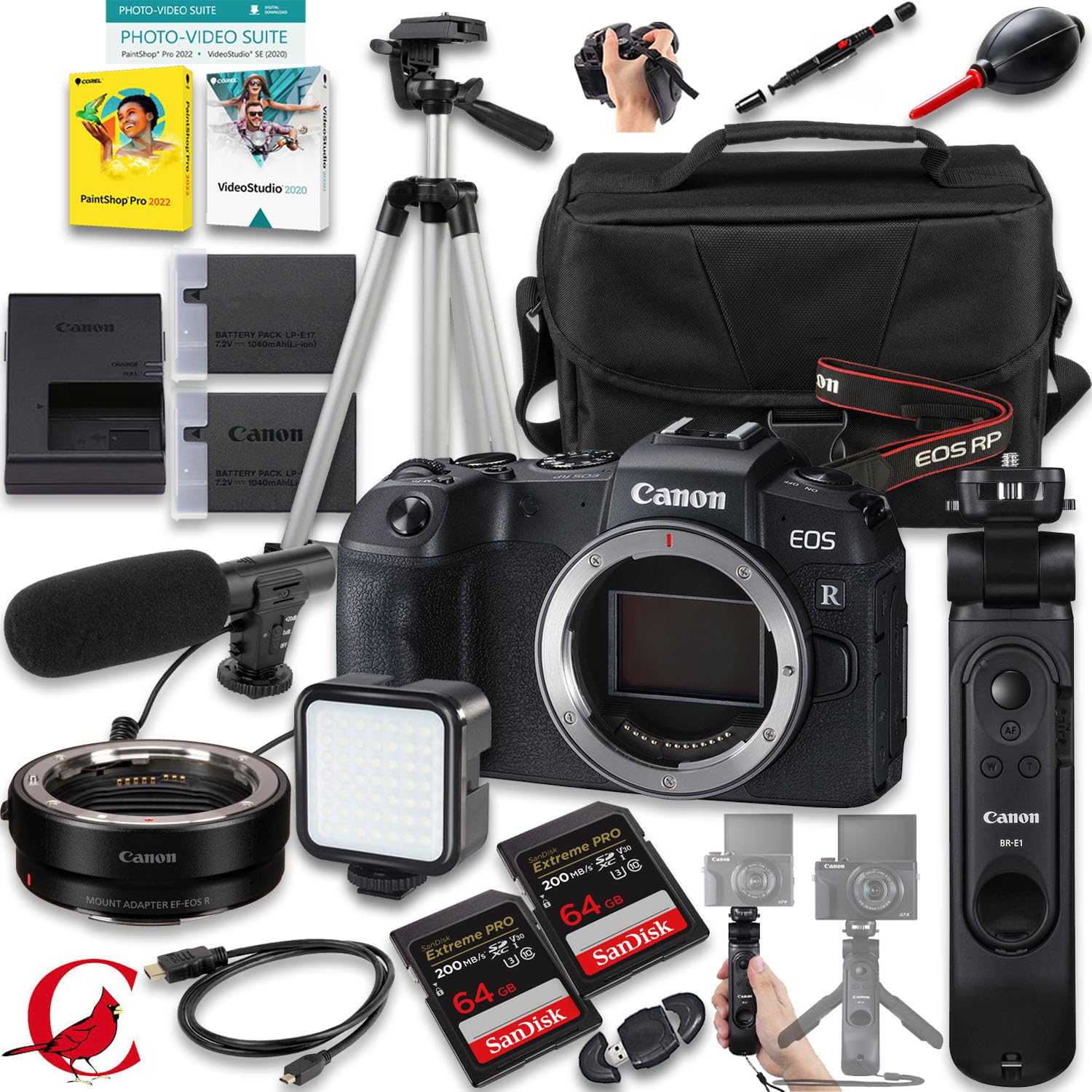 Canon EOS RP Mirrorless Camera + HG-100TBR Tripod Grip + Mount Adapter EF-EOS R + 128 GB Memory Card + More (24pc Bundle)