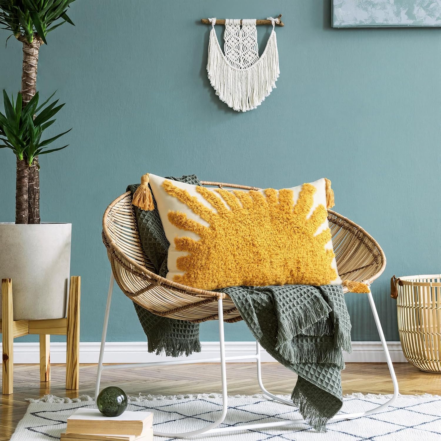 2 Pcs Boho Velvet Pillow Covers with Tassels 12 x 20 Inch 3D Tufted Sun Embroidery Sunshine Decorative Throw Cushion Case for Bedroom Sofa Living Room Couch Rustic Farmhouse Home Decor