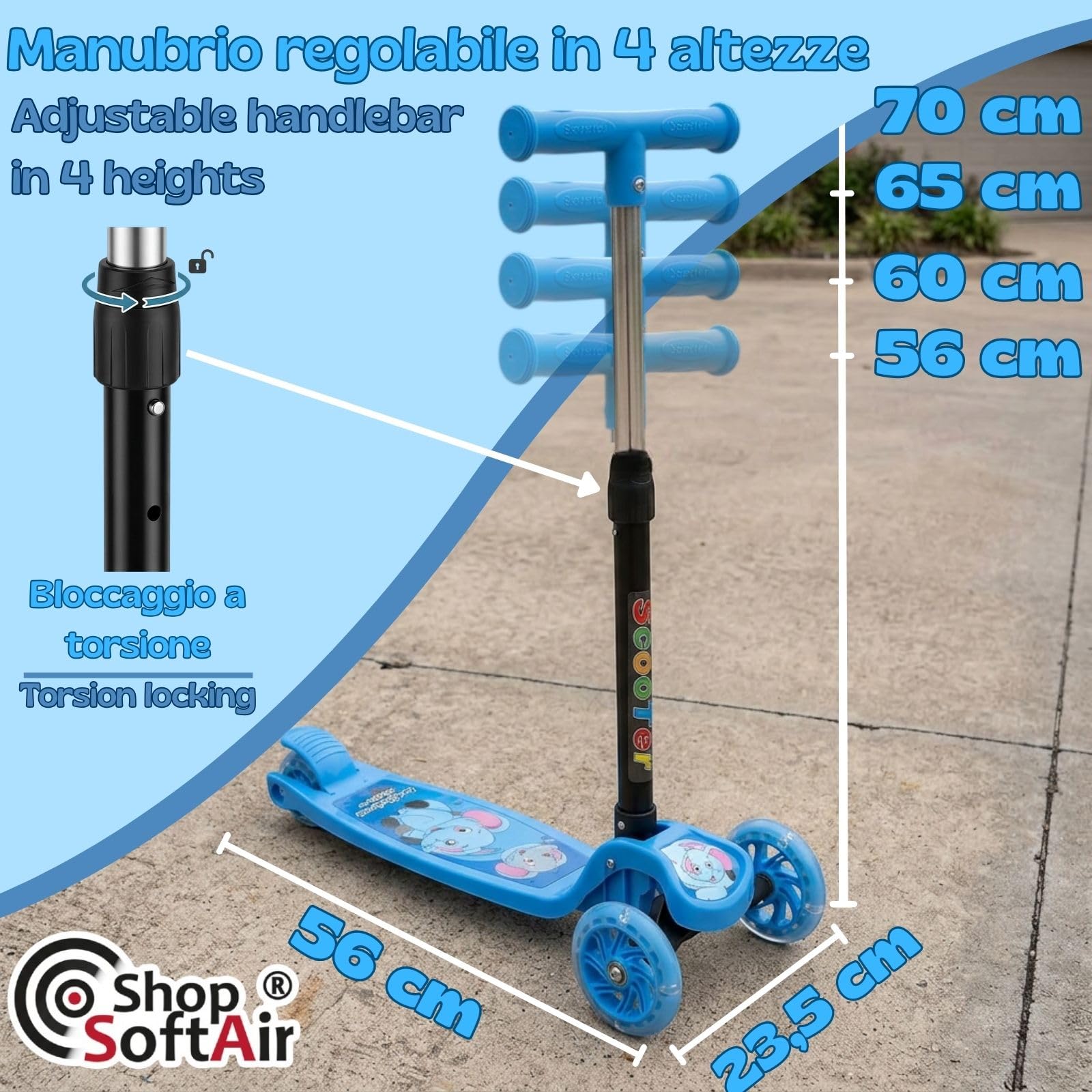 Monopattino 3 Ruote per Bambini 3+, Manubrio Regolabile in 4 Altezze, Ruote LED, 4 Colori, Max 20 kg