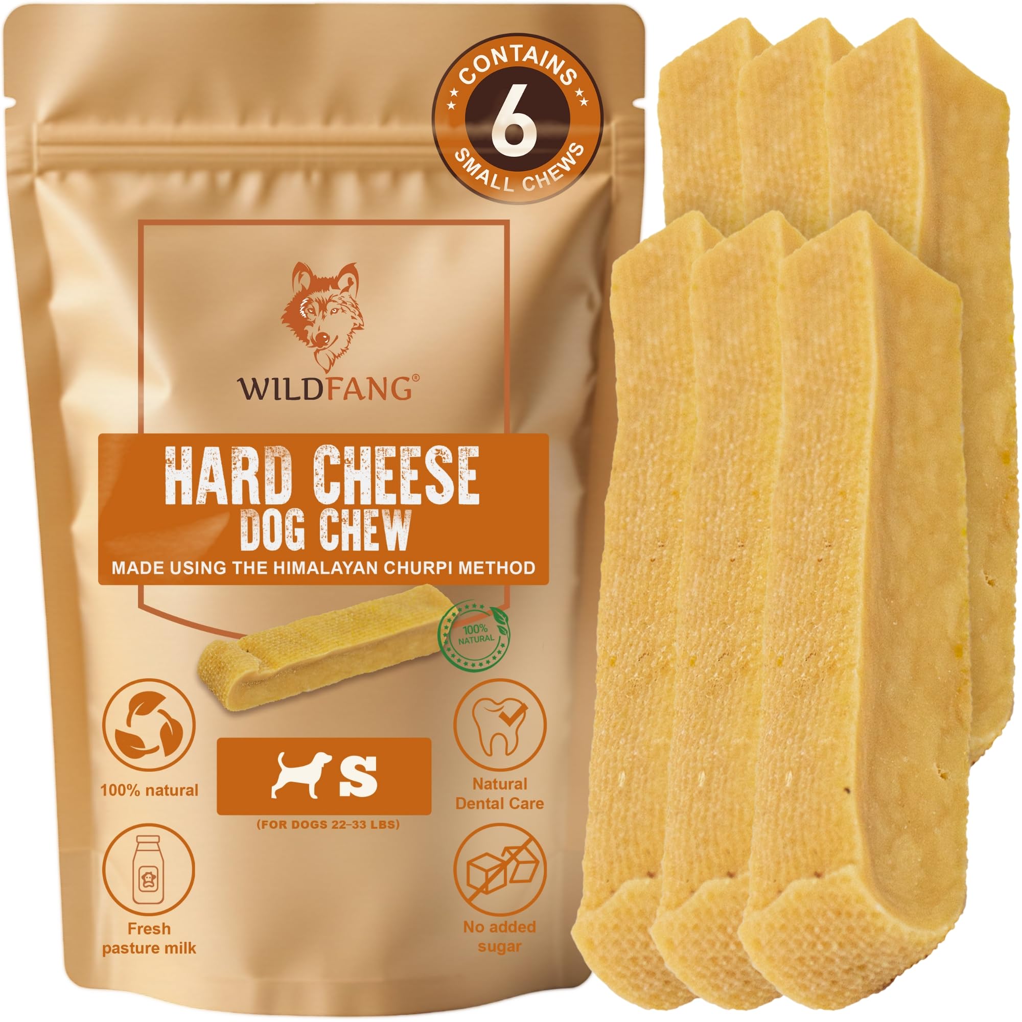 Wildfang® Yak Chews for Dogs, S (Approx. 40 g) – Himalayan Yak Cheese Dog Chews, Natural Dog Treats and Puppy Teething Toys for Healthy Gums, Hard Churpi Dental Sticks for Dogs 10-15 kg, Pack of 6