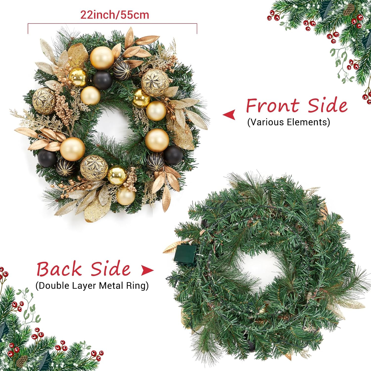 22 in Artificial Christmas Wreath, Pre-Lit Lighted Christmas Wreath with Ball Ornaments, Golden Leaves, Pine Needles, Winter Xmas Wreath with Timer for Door Window Fireplace
