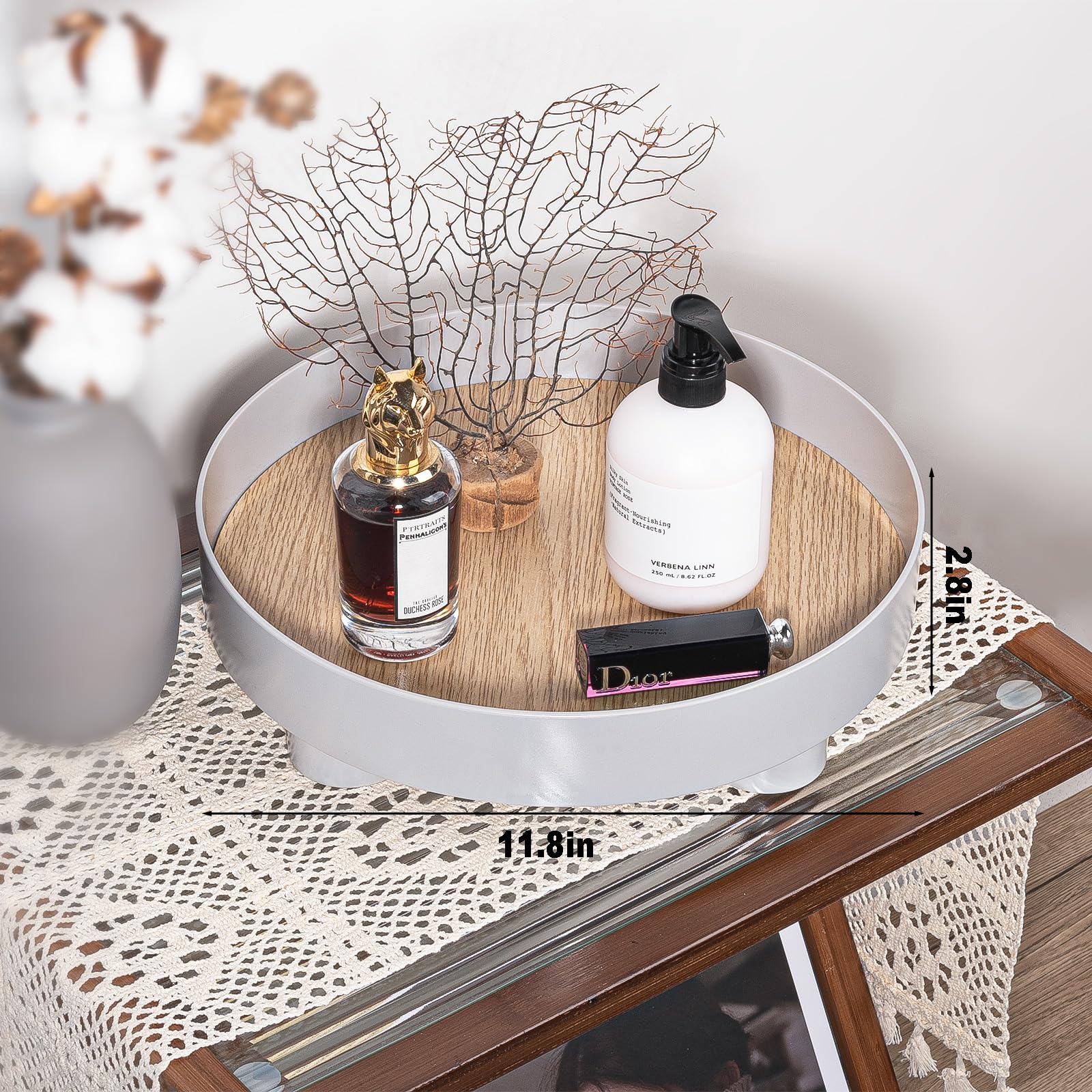 Anyoifax Round Wooden Tray Rustic Decorative Tray Fall Home Decor 11.8" Serving Tray Farmhouse Coffee Table Centerpiece Decor Circle Tray, Grey