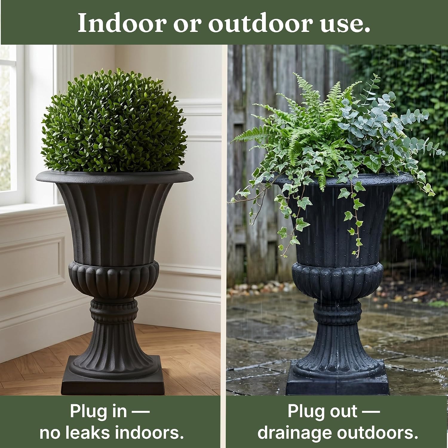 Urn Planters 22", Set of 2, Tall Stone-Resin Pedestal Planters for Outdoor Plants, Large Front Porch Decor, Patio Garden Pots, Outdoor Urns for Entryway, Porch & Deck, Black Plant Pot