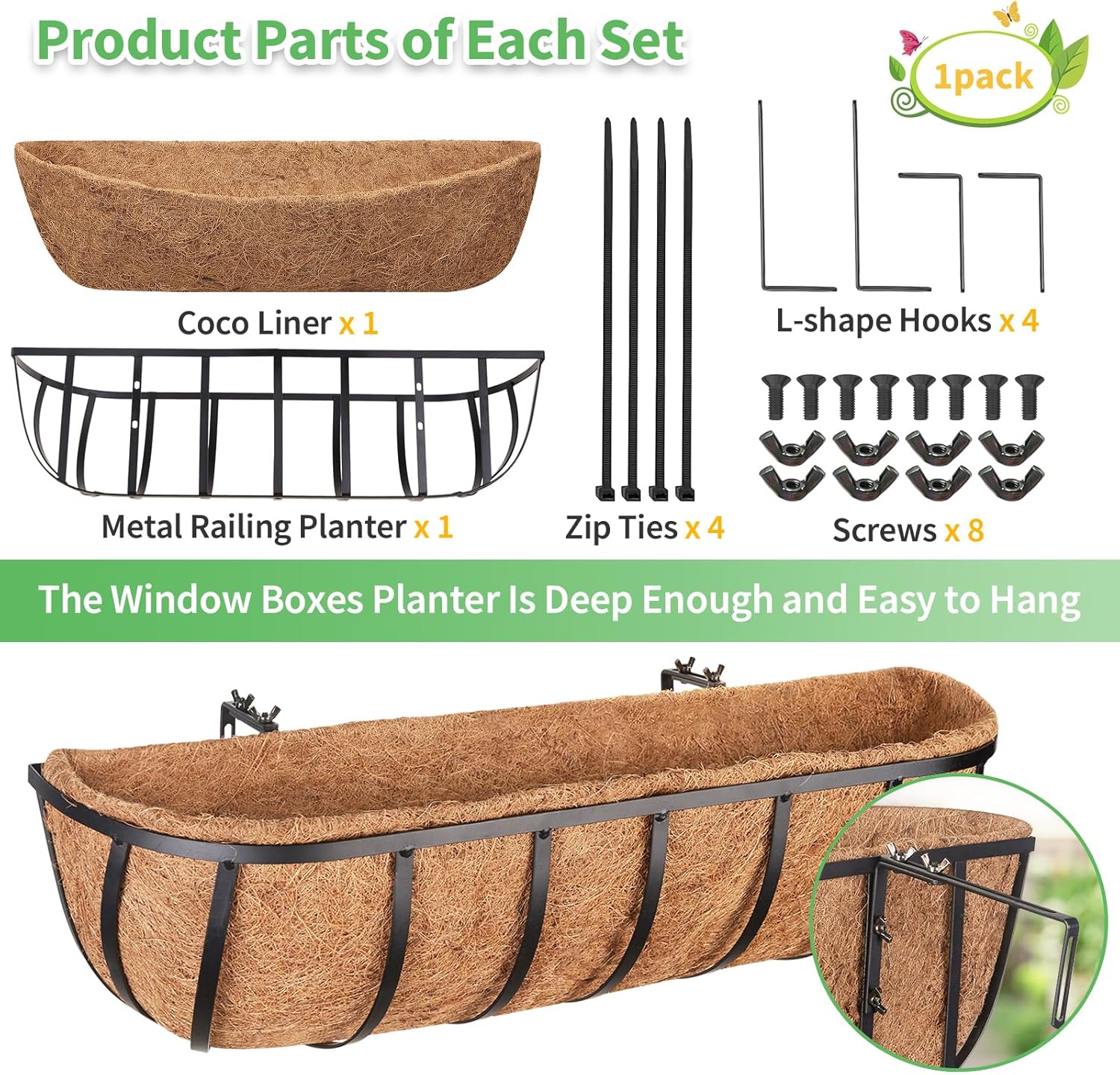 Legigo 2 Pack 24 Inch Window Boxes Railing Planter Box with Coconut Liner, Balcony Railing Planter Horse Trough Deck Window Planters, Metal Railing Hanging Flower Baskets for Outdoor Porch Fence Patio