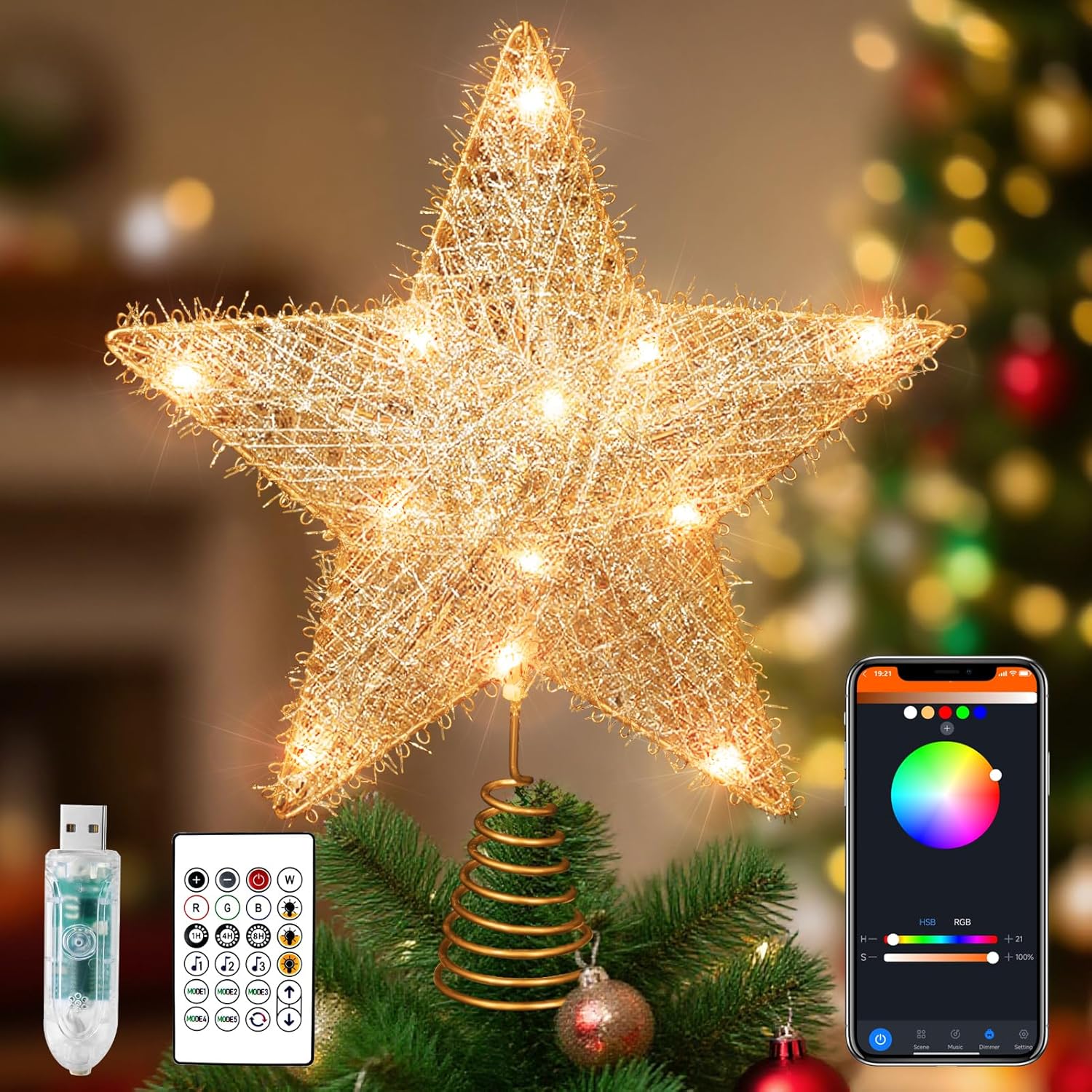 Gold Christmas Star Tree Topper, 9" Smart LED Treetop Stars Glittered Christmas Light, App Control Xmas Decor 3D Metal Hollow Designed Star with Remote for Holiday