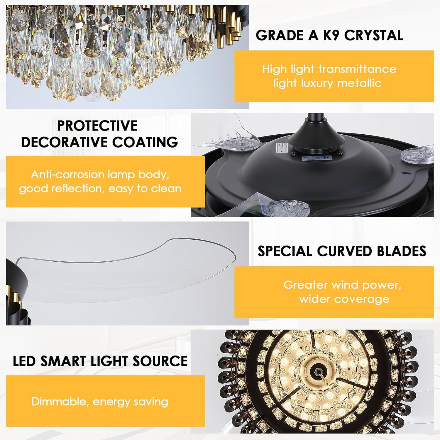 Asyko 48" Black Retractable Blades Ceiling Fans with Lights, Modern Crystal Chandelier Ceiling Fans with Remote and APP, 3 CCT and Reversible Quiet DC Motor