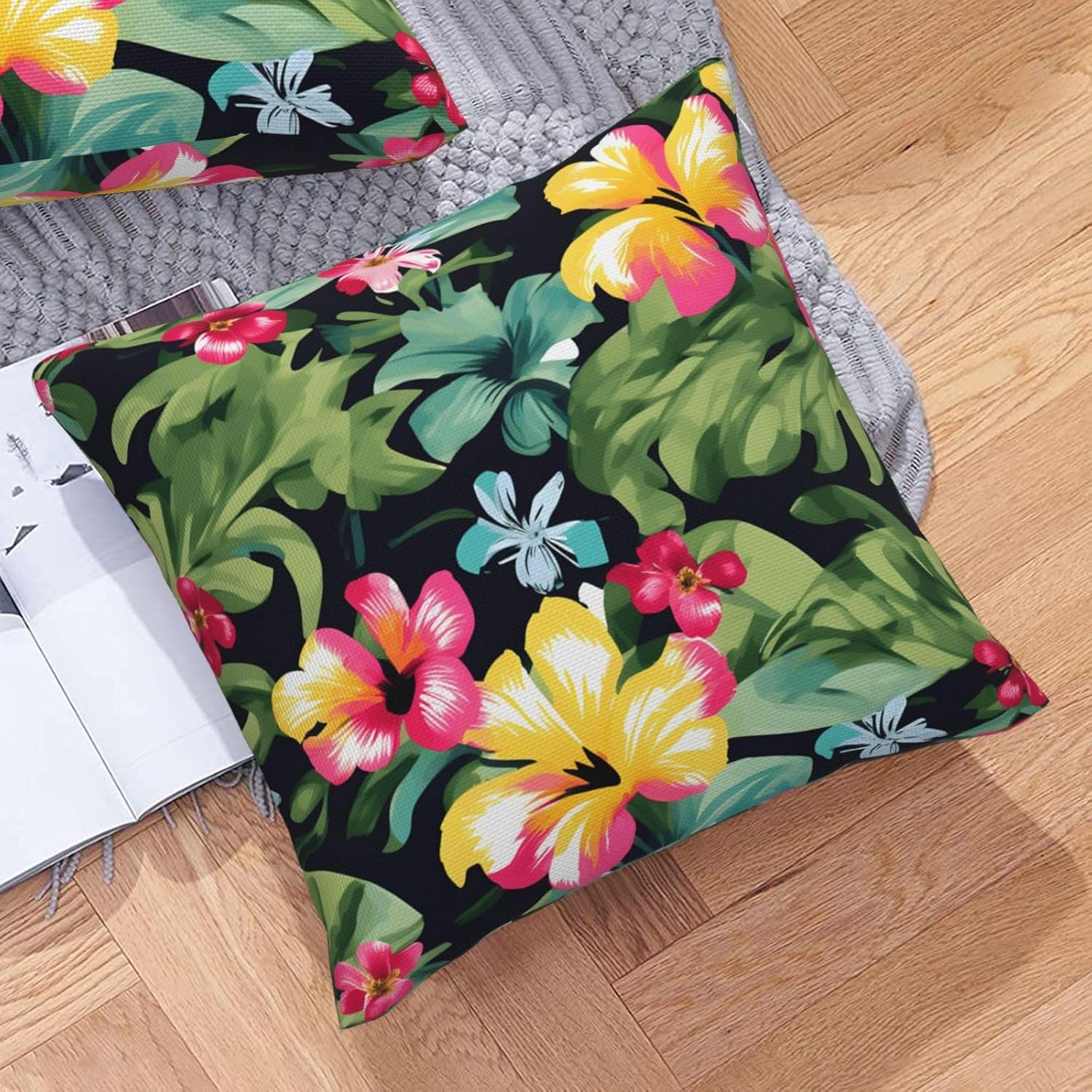 Hawaiian Flower Print Imitation Linen Pillowcase -2 Sets, Fashionable Home Decoration, Used for Sofas, Gardens, beds