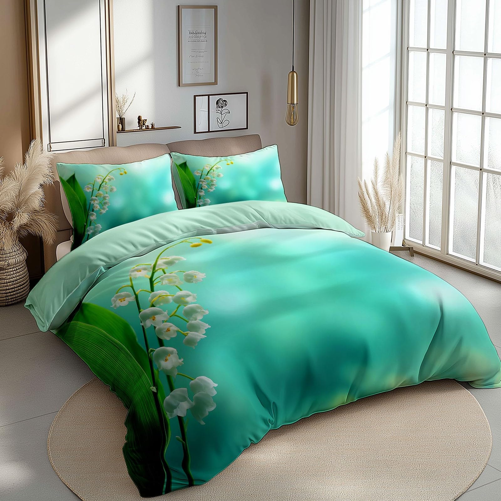 Juego de ropa de cama de 3 piezas, 220 x 240 cm, diseño de lirio de los valles, funda nórdica suave con cremallera y fundas de almohada