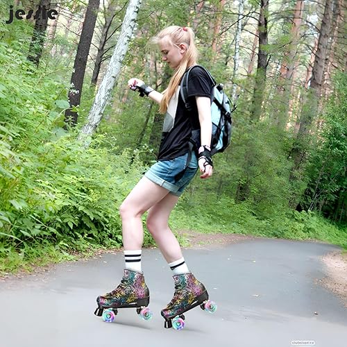 Miniatura 4 de jessie Patines clásicos para mujer, de doble fila, cuatro ruedas, piel de vacuno, patinaje al aire libre para jóvenes, niños y niñas con bolsa de
