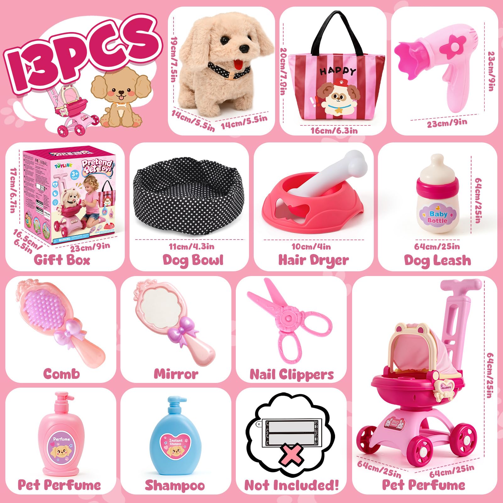 Chien Jouet Enfant Chien Interactif Electronique Qui Marche et Aboie avec Poussette Jouet, Peluche Chien Interactif Réaliste Jeu De Rôle Nourrir Baigner Anniversaire Noël Cadeau pour Fille Enfant