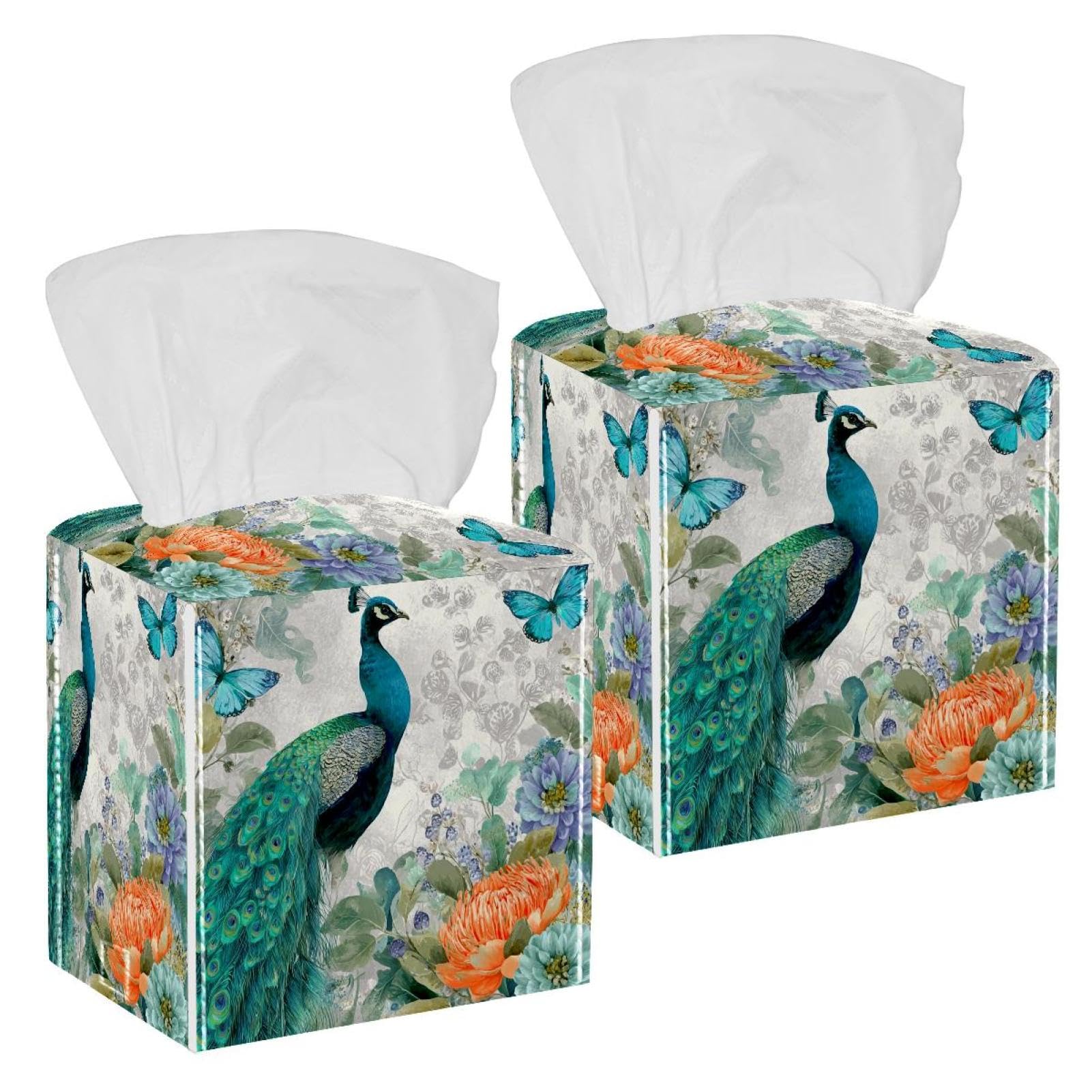 Peacock Tissue Box Cover, 2 Pack PU Leather Square Facial Tissue Dispenser Box holder for Home Office Car