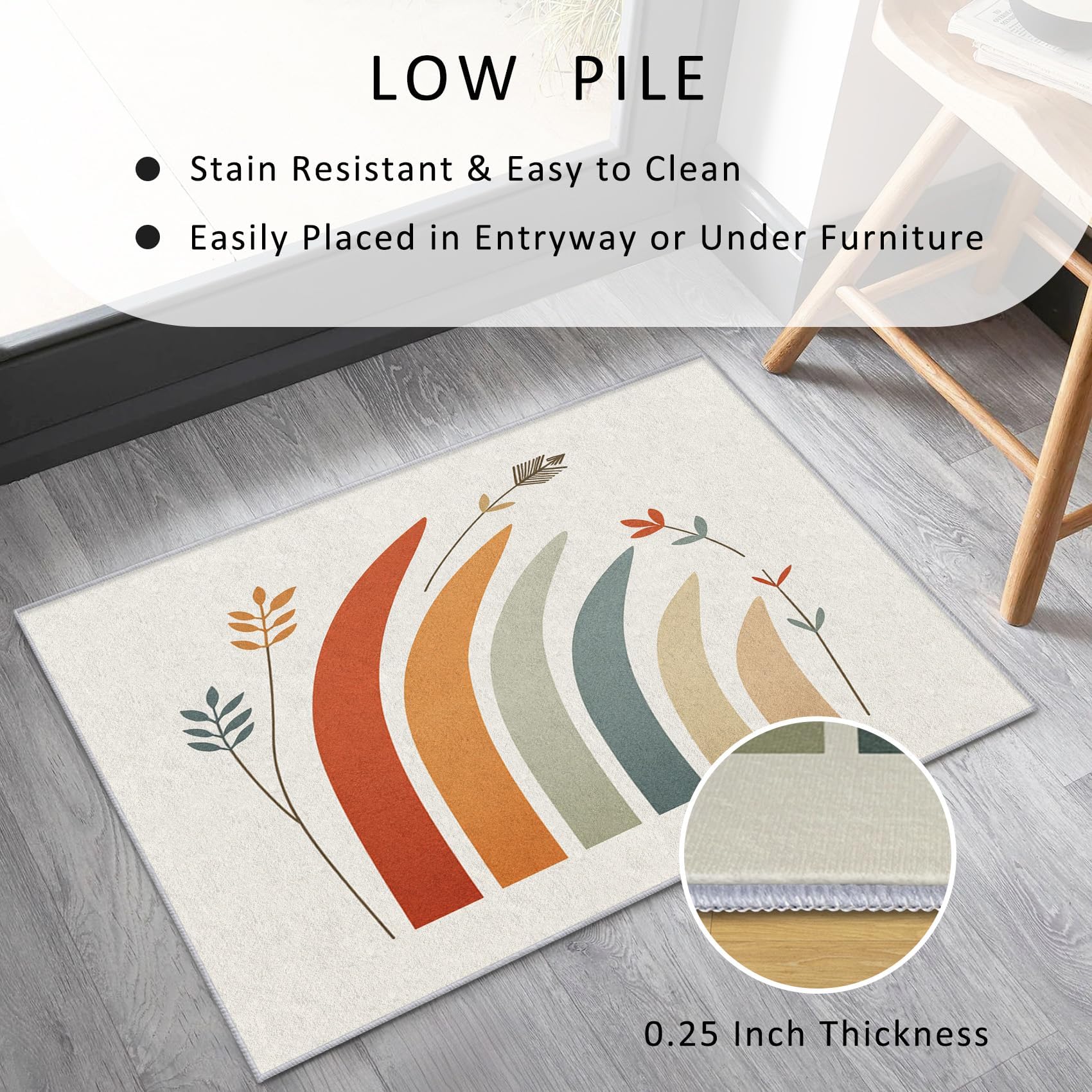 Cute Regenbogen Teppich Kinderzimmer 100x140cm Waschbar Zweige Blätter Deko Baby Teppich Kurzflor rutschfest Fußmatten für Spielzimmer Krabbelmatte Klassenzimmer Wohnzimmer Schlafzimmer