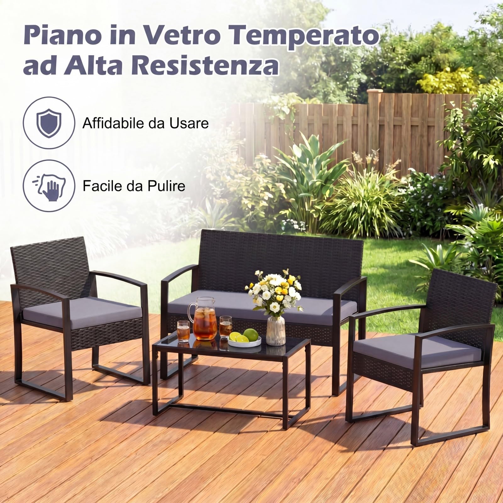 SOARS Set di Salotto da Esterno in Rattan PE, Divano 2 Posti, 2 Poltrone, Tavolino Vetro Temperato, Cuscini, Grigio