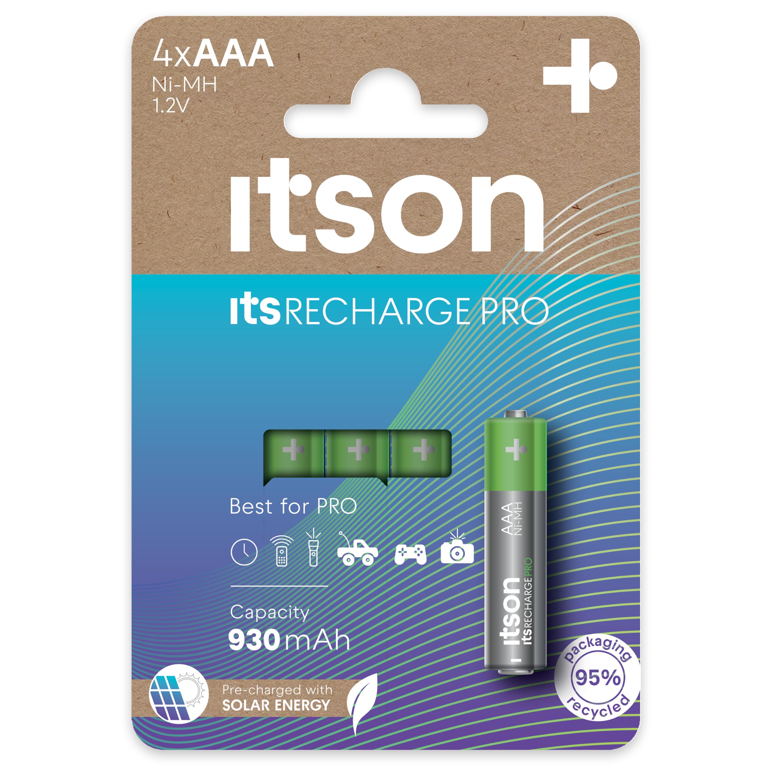 ITSON, AAA rechargeable batteries, PRO, set of 4, powerful rechargeable batteries, capacity Min. 930 mAh, pre-charged, packaging 95% recycled materials, made in Japan