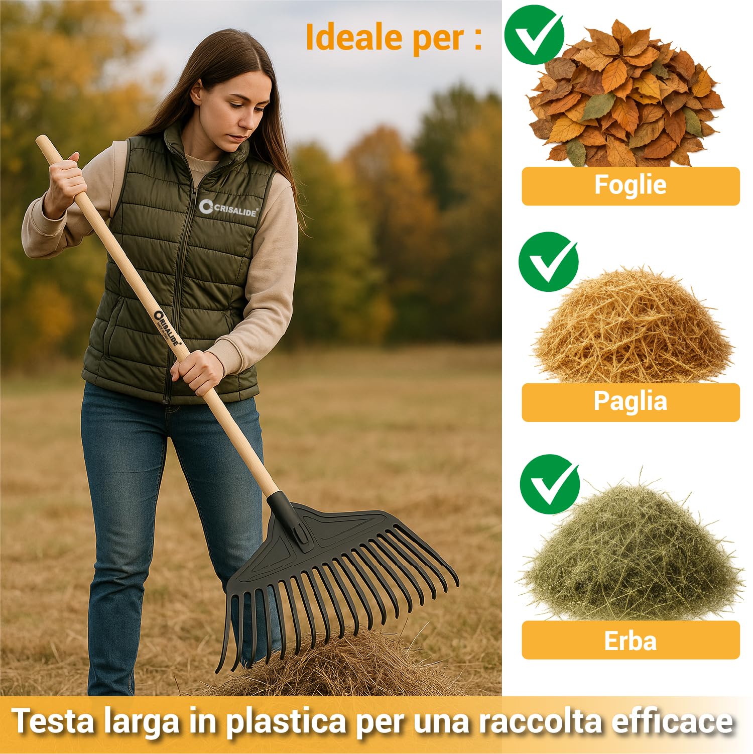 Crisalide® Rastrello da Giardino per Foglie con Manico in Legno 150 cm – Testa Larga in Plastica Flessibile – Ideale per Foglie, Paglia ed Erba – Attrezzo Leggero, Resistente e Maneggevole
