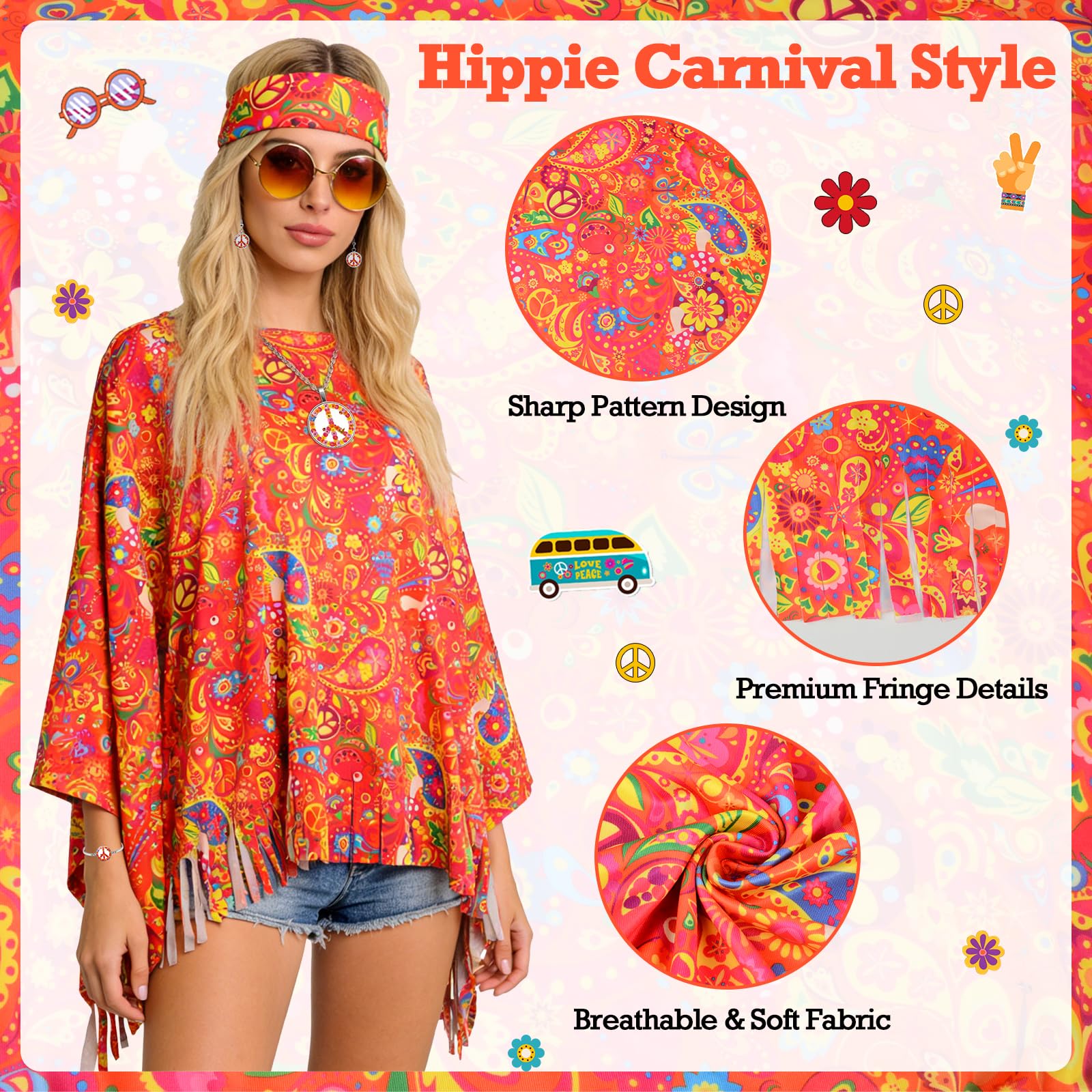 Hippie Kostüm Damen Set, Faschingskostüme Damen, 70er Jahre Outfit Damen mit Hippie Umhang, Bunter Umhängetasche, Sonnenbrille, 60er 70er Jahre Disko Kostüm Kleidung für Karneval Party