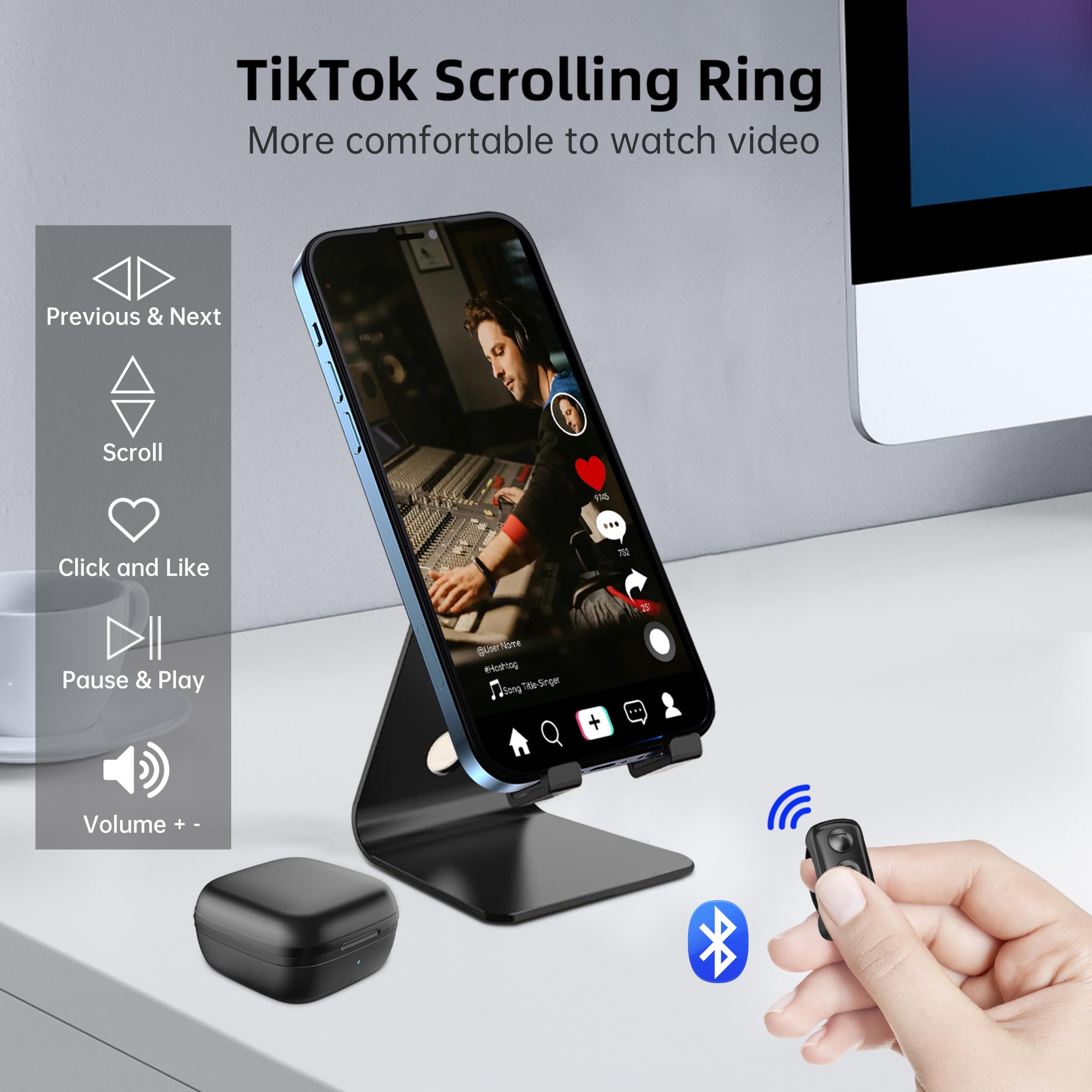 Foxzoila TikTok Scrolling Ring, Remote Control for TikTok, Bluetooth Page Turner for iPad/Kindle App/iPhone/Android, Finger Scroller (Black)