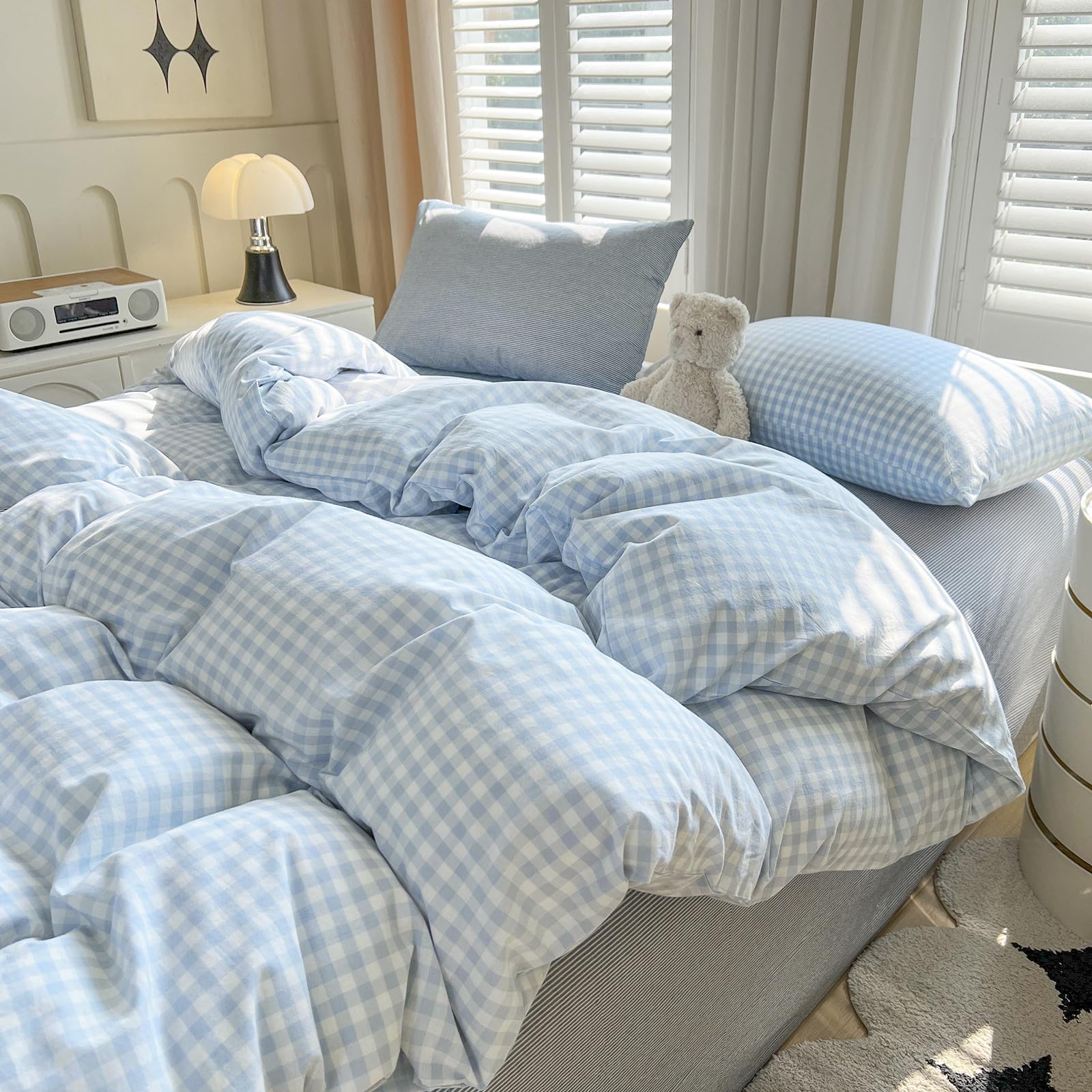 Gingham Duvet Cover Set Washed Cotton,Twin XL(68"x90"),Blue White Plaid