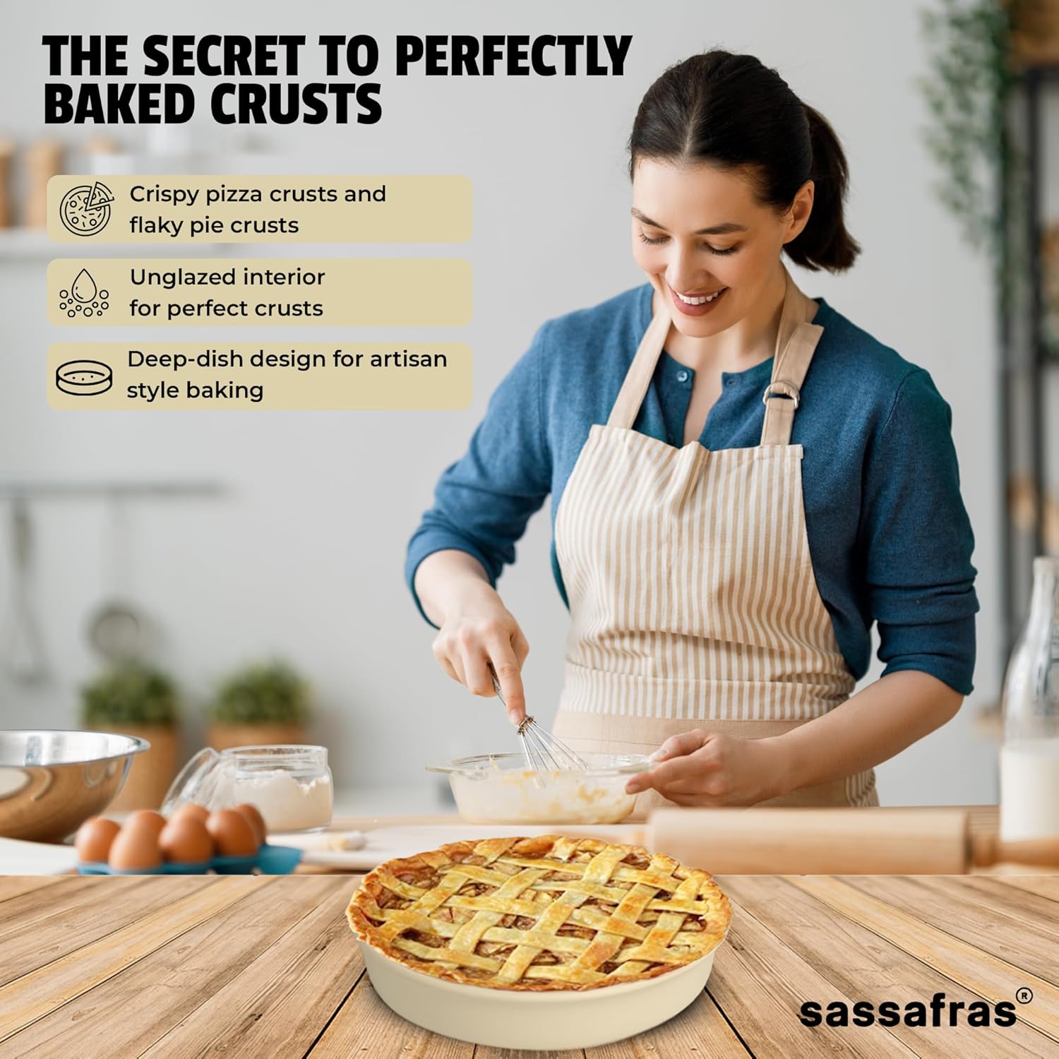 Sassafras Superstone™ Pie Baking Pan - Enjoy Perfect Deep Dish Pizza Crust & Bake Amazing Pies with Our Superstone® Pie & Pizza Stone Baking Dish