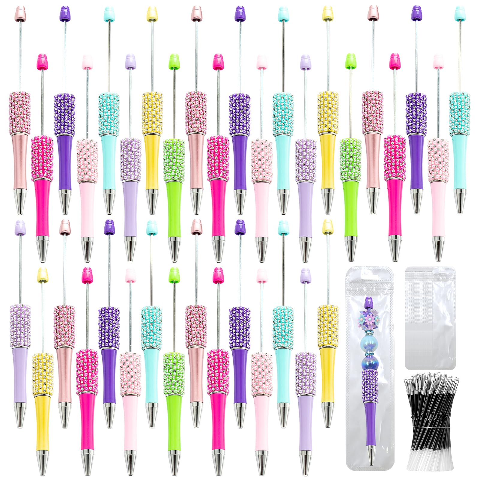 75 Pcs DIY Diamond Beadable Pen Kit - 25 Plastic Rhinestone Beaded Pens Bulk with Refills &amp; Bags - Fancy Cute Glitter Pens for Crafting, Students &amp; Teachers – School Supplies (Candy color)