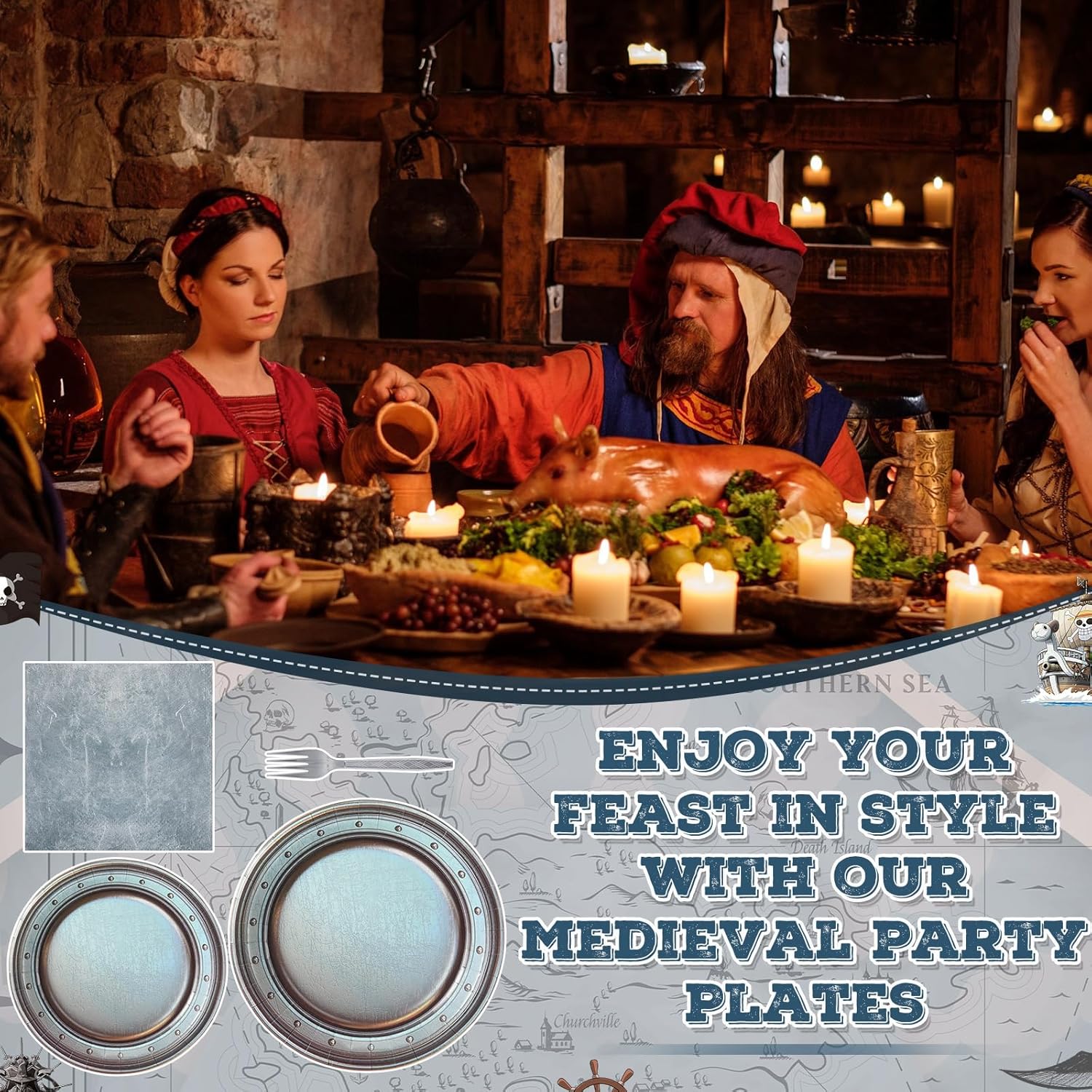 Jingmore 96 Pcs Medieval Party Supplies Disposable Paper Pewter Tableware Set for Castle Pirate Birthday Party Vintage Dinner Round Silver Grey Paper Plates Napkins Fork​