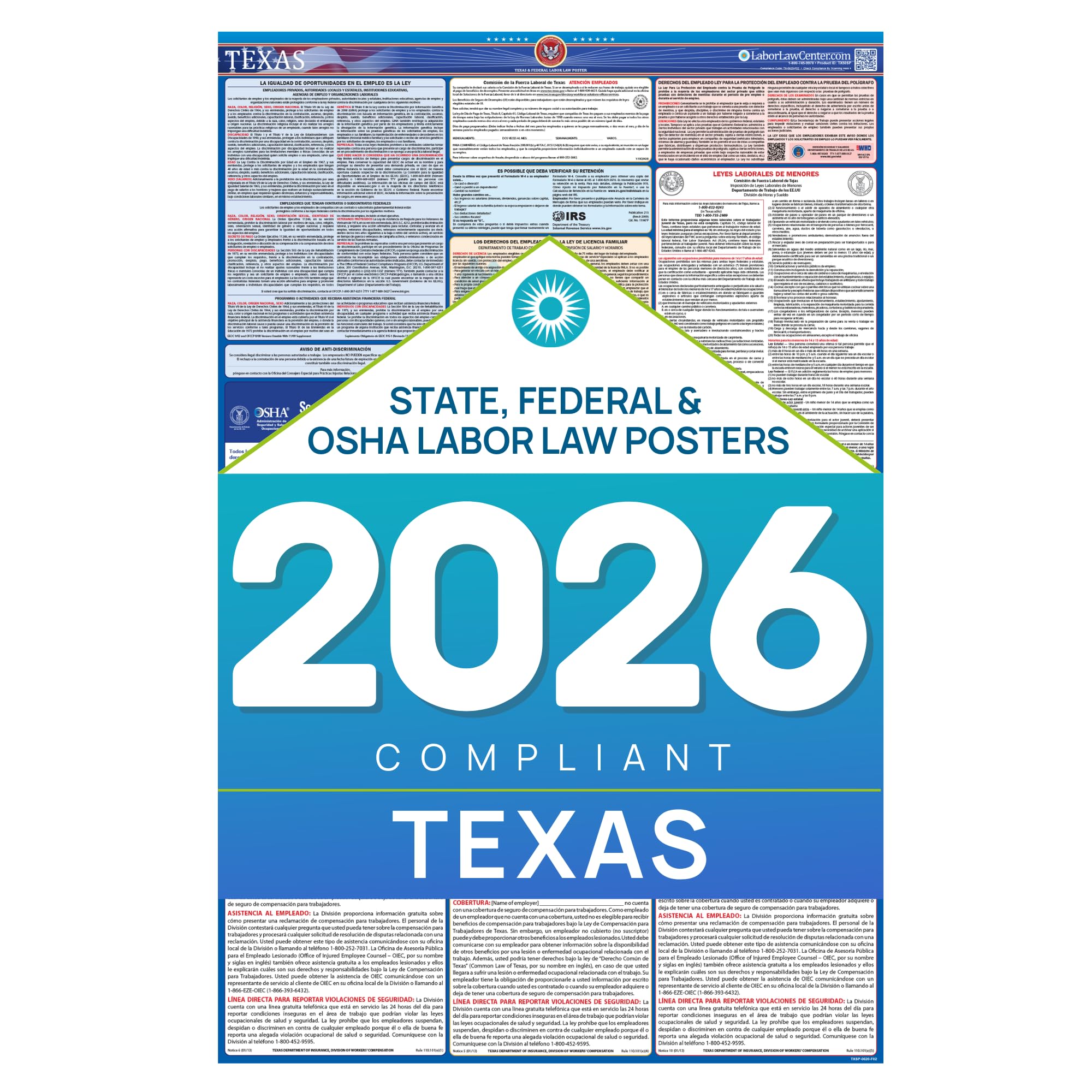 2019 Texas Labor Law Póster – Estado, Federal, OSHA Compliant – Laminado obligatorio todo en uno Póster
