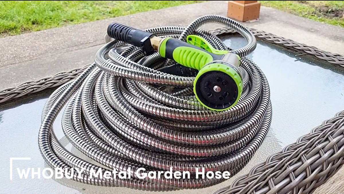 Metal Garden Hose 100FT - Stainless Steel Heavy Duty With 8-Mode Spray Nozzle