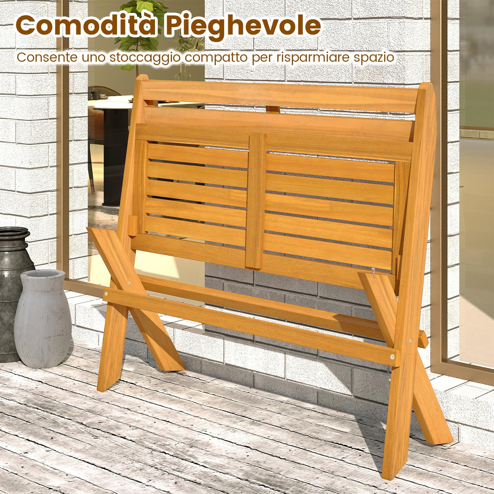 COSTWAY Panchina Pieghevole da Esterno, Panca da Giardino in Legno di Acacia per 2 Persone con Capacità di 360 kg, Panca da Esterno per Veranda, Balcone, Cortile e Parco